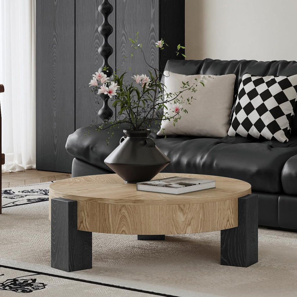 33'' Round Coffee Table with Hidden Storage, Modern Wood Veneer Top, 3 Block Legs Sturdy Center Accent Table for Living Room, Small Space, Natural Wood & Black