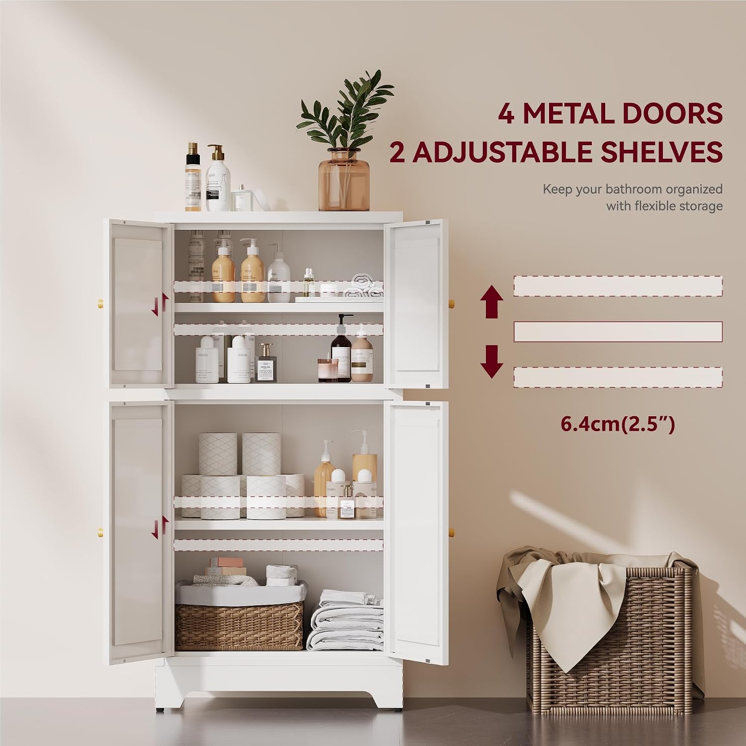43' H Small Cabinet,White Bathroom Storage Cabinet,Metal Bathroom Floor Cabinets Freestanding