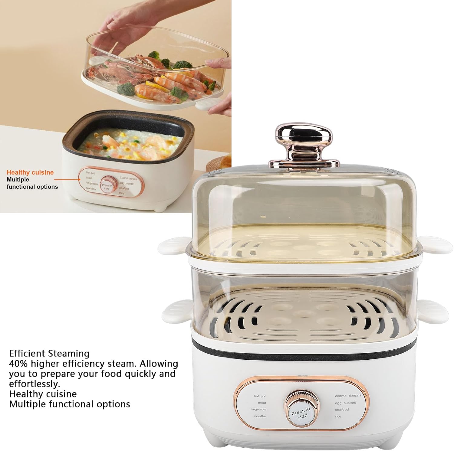 2 Tier Electric Food Steamer, 1200W 10.5L Electric Hot Pot with Steamer, Stackable Baskets, Fast Simultaneous Cooking Vegetable Steamer for Seafood, Raman, Soup, Noodles, Oatmeal