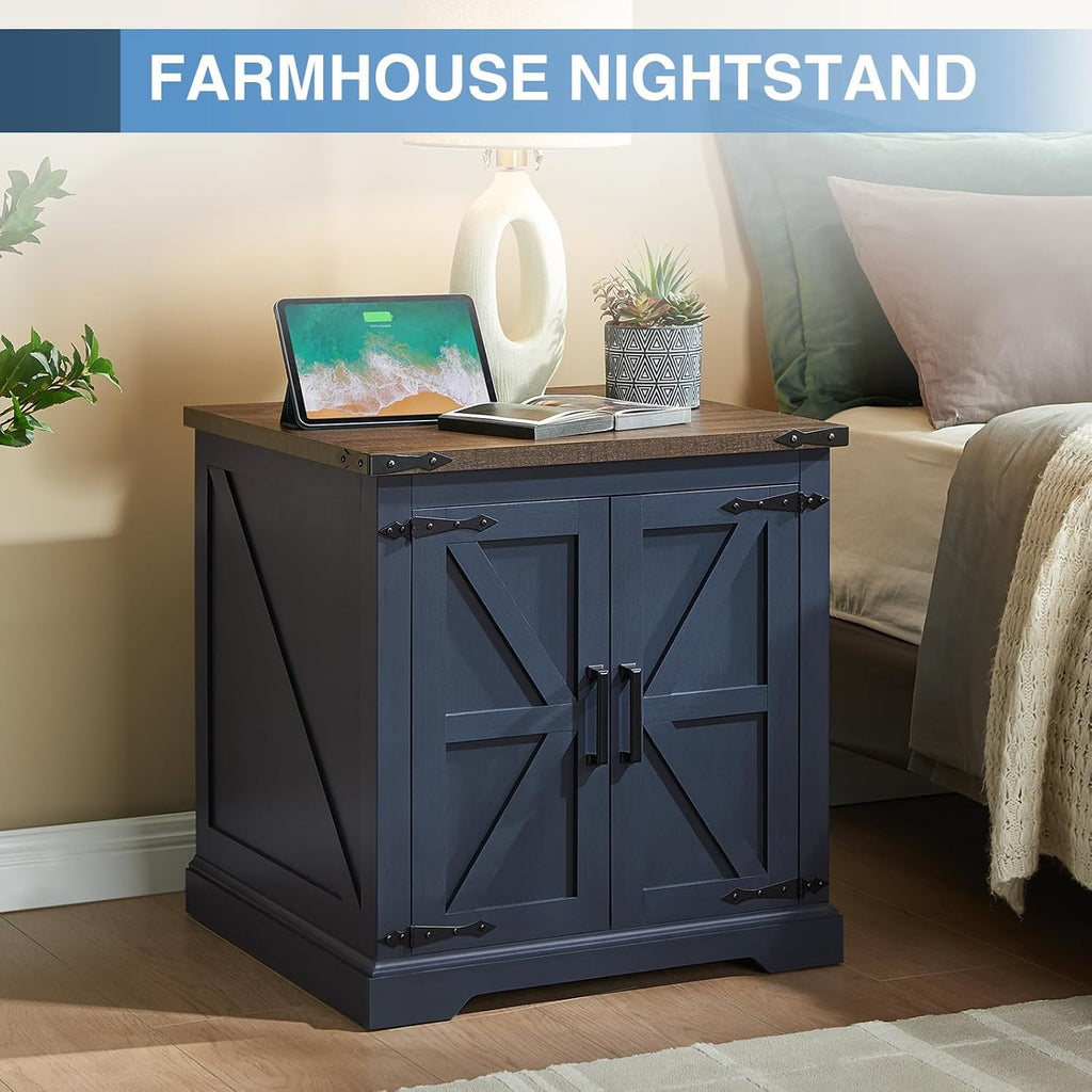Barnyatoh Farmhouse End Table with Charging Station,24' Large Side Table with Barn Door, Wood Square Nightstand Bedside Table with Adjustable Storage Shelf for Living Room, Bedroom,Navy Blue 2-Pack