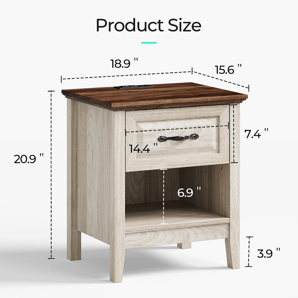 LINSY Night Stand Set of 2, 18.9' Farmhouse Wood NightStand with Type-C Charger &Open Storage Shelf Nightstands with Drawer, Side Table End Table for Bedroom Living Room Sofa Couch Office Beige