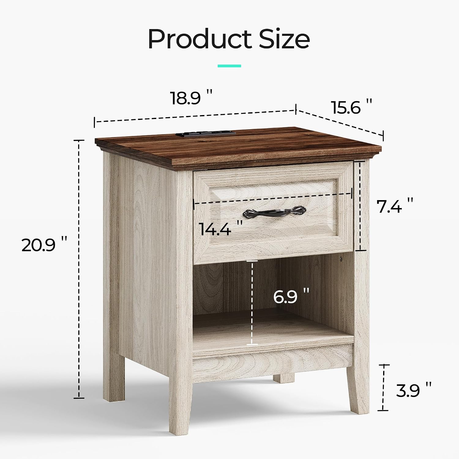 LINSY Night Stand Set of 2, 18.9' Farmhouse Wood NightStand with Type-C Charger &Open Storage Shelf Nightstands with Drawer, Side Table End Table for Bedroom Living Room Sofa Couch Office Beige