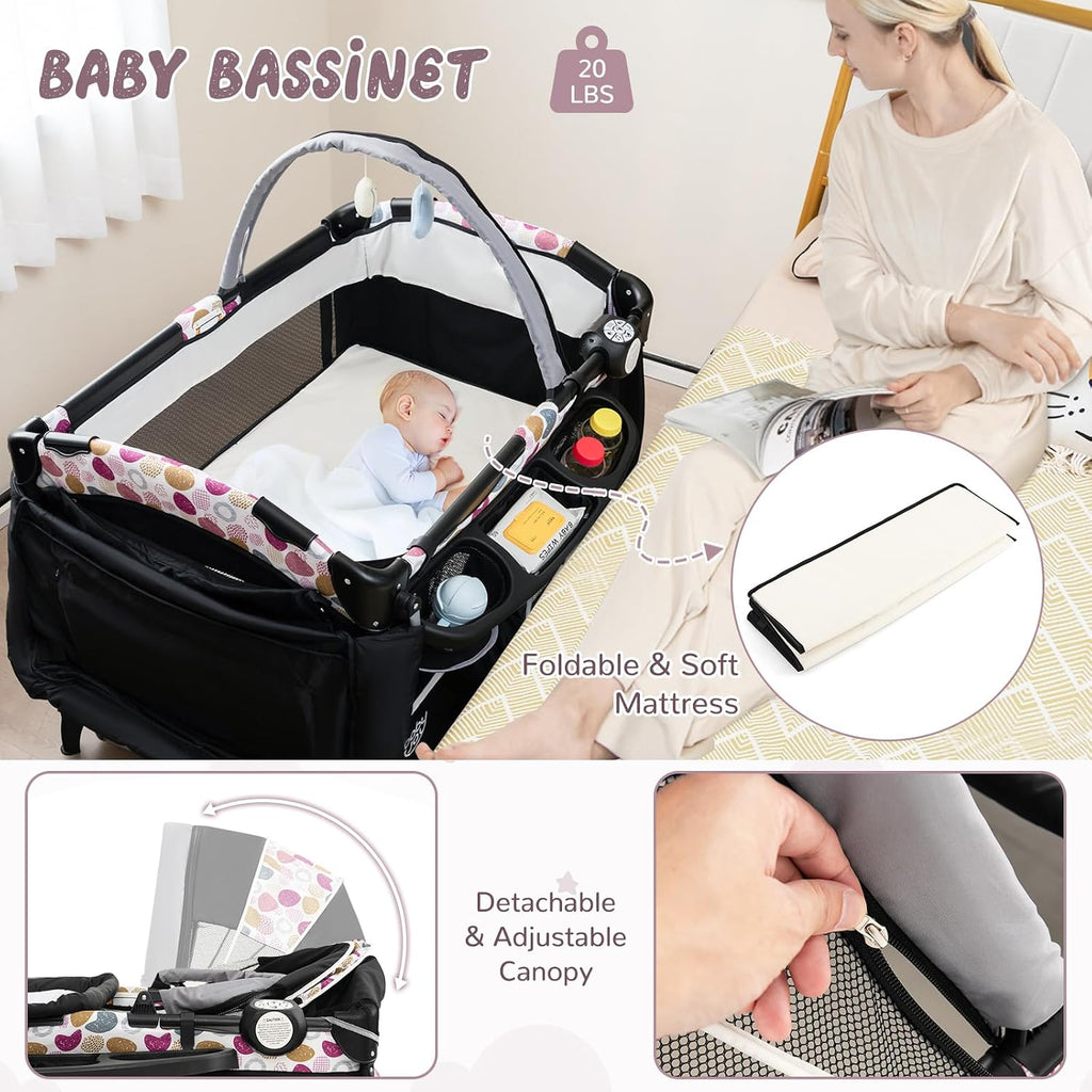 HONEY JOY Pack and Play, 4 in 1 Portable Baby Crib Playpen w/Bassinet, Changing Table, Canopy, Mattress, Music Box, Storage Bag, Foldable Pack n Play Nursery Center for Infant Boys Girls(Yellow)