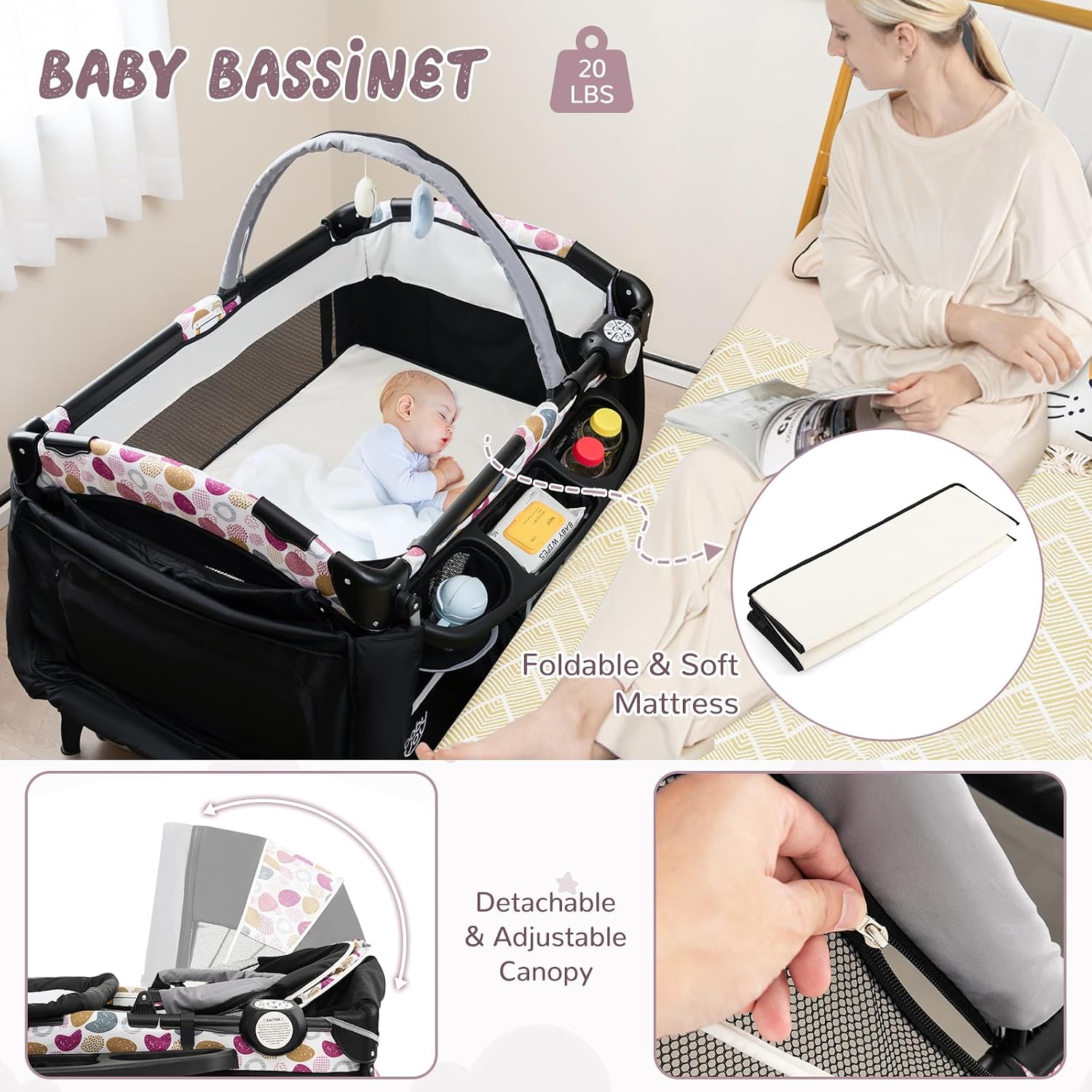 HONEY JOY Pack and Play, 4 in 1 Portable Baby Crib Playpen w/Bassinet, Changing Table, Canopy, Mattress, Music Box, Storage Bag, Foldable Pack n Play Nursery Center for Infant Boys Girls(Yellow)