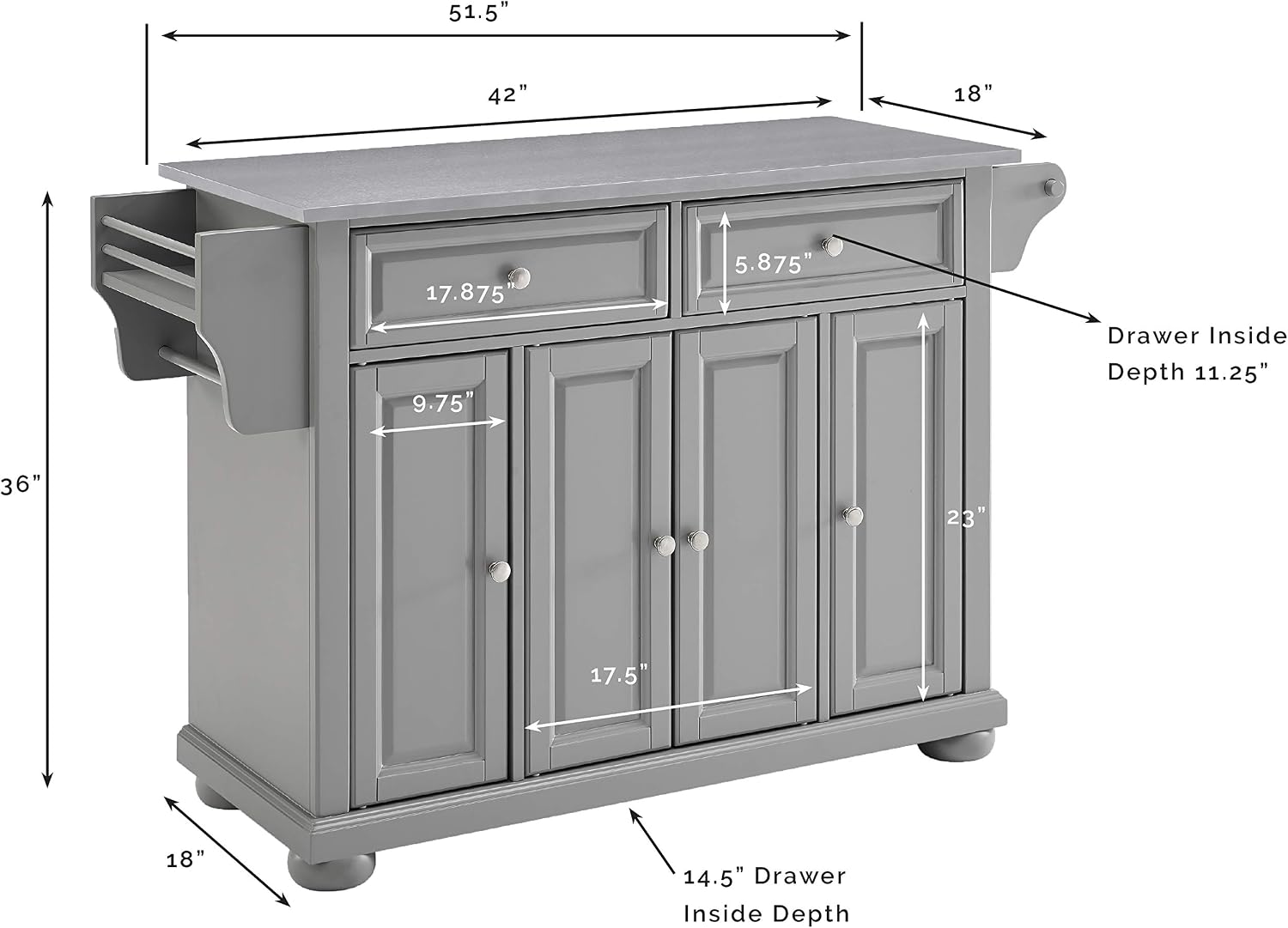 Crosley Furniture Alexandria Stainless Steel Top Rolling Kitchen Island Storage Cart, Microwave Stand, Gray