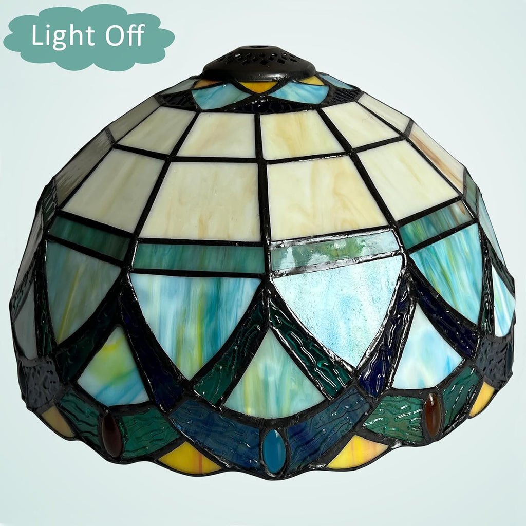 Tiffany Lampshade 12 inch Stained Glass Replacement Lamp Shade Only | Victorian Style Light Blue Shade For Medium Table Lamp Desk Light W12' x H6.3'