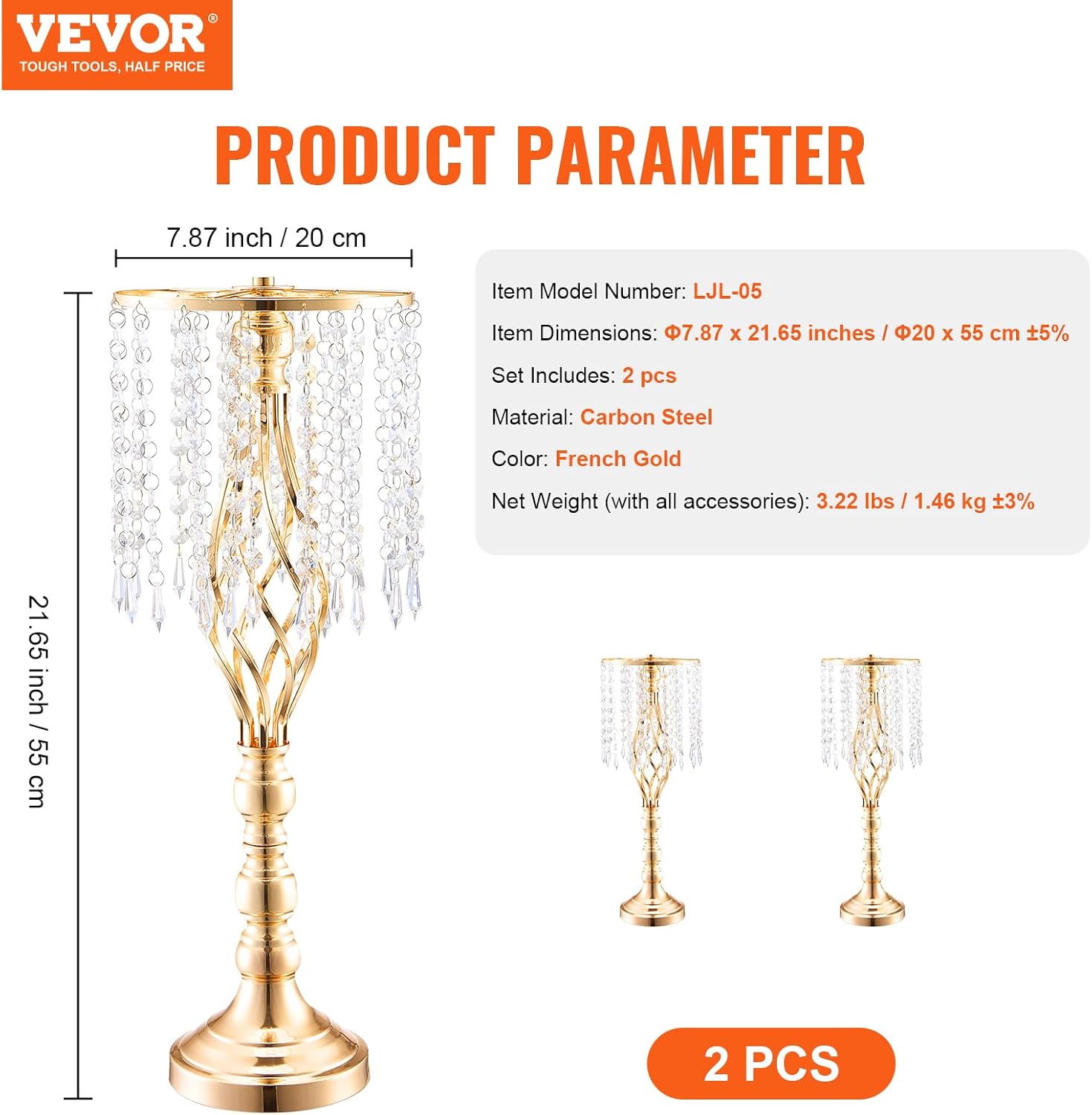 VEVOR Metal Wedding Centerpiece Gold,Crystal,2PCS 55cm/21.65'