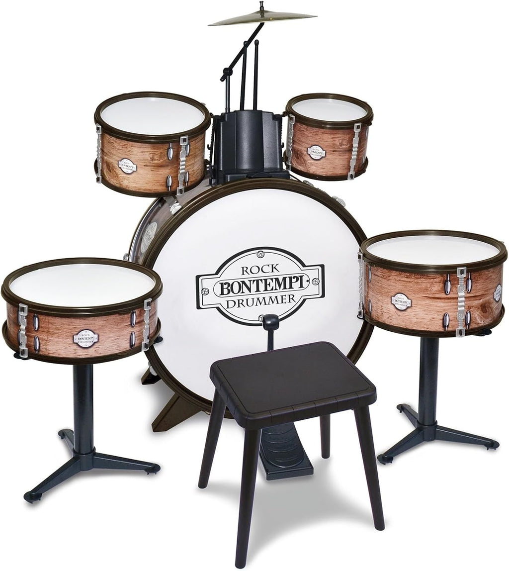 Bontempi Drum Kit with 6 Elements, Stool and 2 Sticks, Realistic Sound, 700 x 400 x 800 mm, Musical Instrument for Children from 5 Years