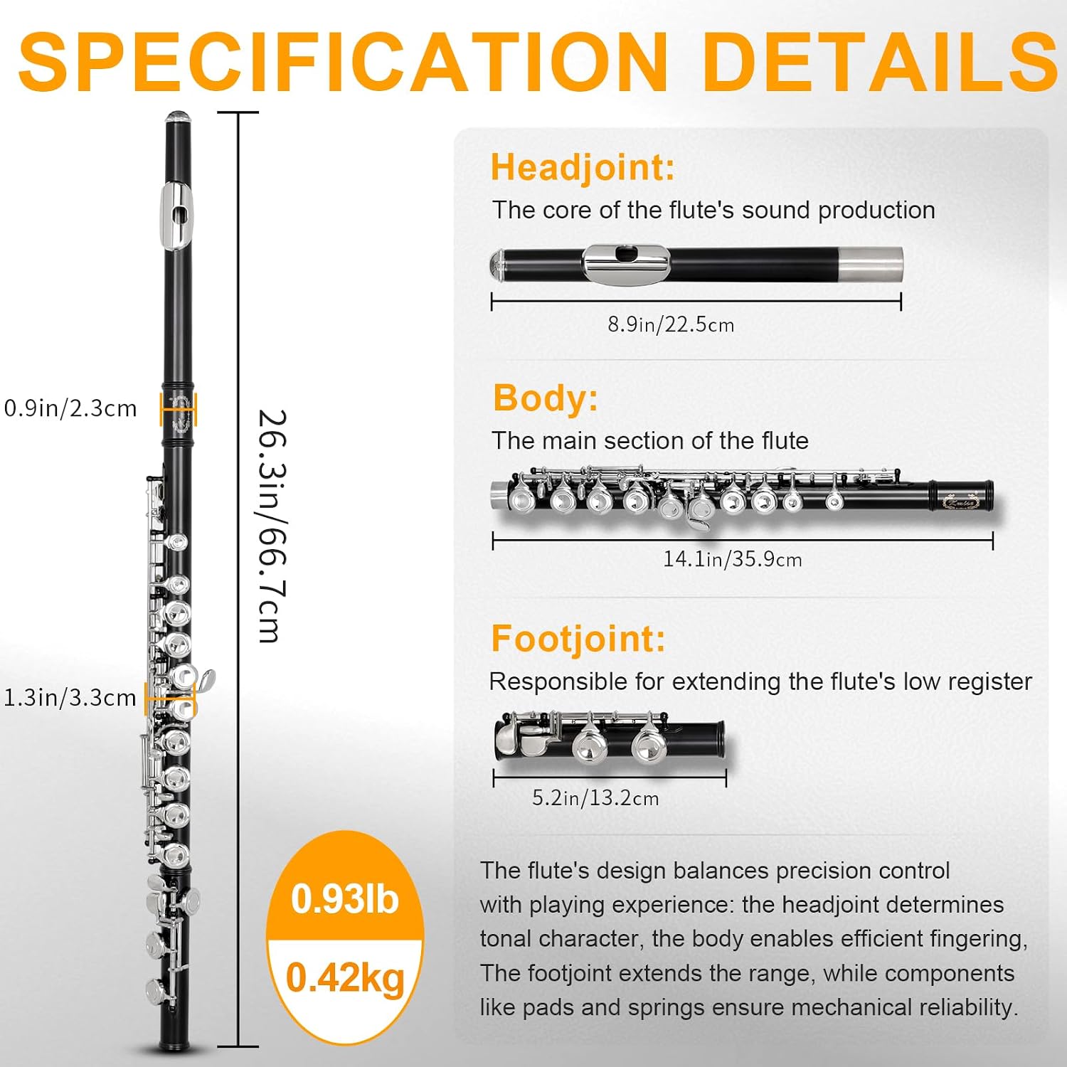 Kmise Closed Hole C Flute, Responsive Flute Instrument, Premium and Durable Flutes with Gig Bag, Collapsible Stand, Beginner's Guide, Cleaning Kit - Effortless for Beginners, Students (Matte Black)