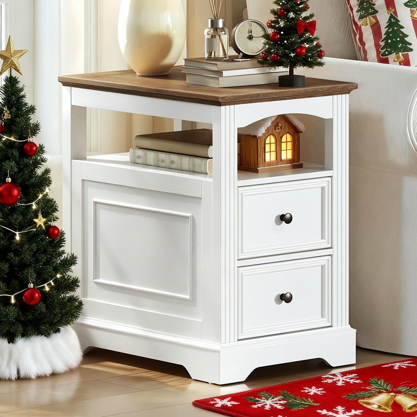 RALGEND Farmhouse End Table Set of 2, Narrow Sofa Side Table with 2 Drawers and Open Shelf, Wooden Nightstand with Storage for Small Spaces, Bedroom, Living Room, White and Walnut