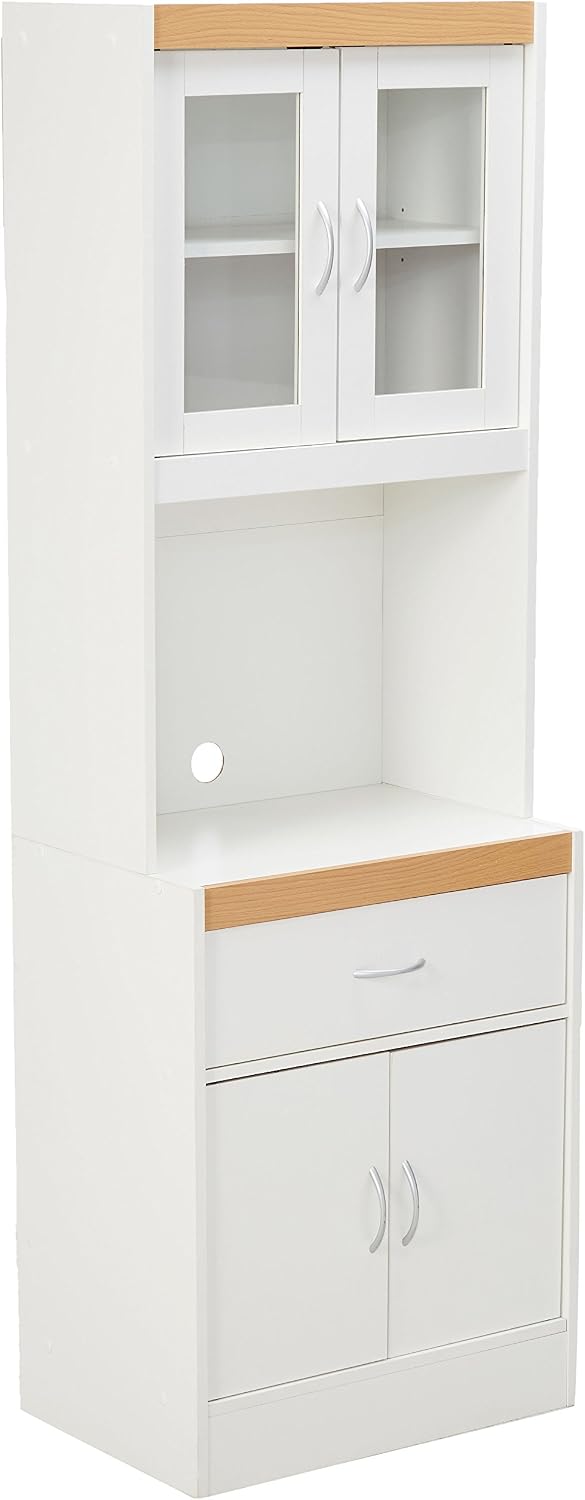 Hodedah Long Standing Kitchen Cabinet with Top and Bottom Enclosed Cabinet Space, One Drawer, Large Open Space for Microwave, White