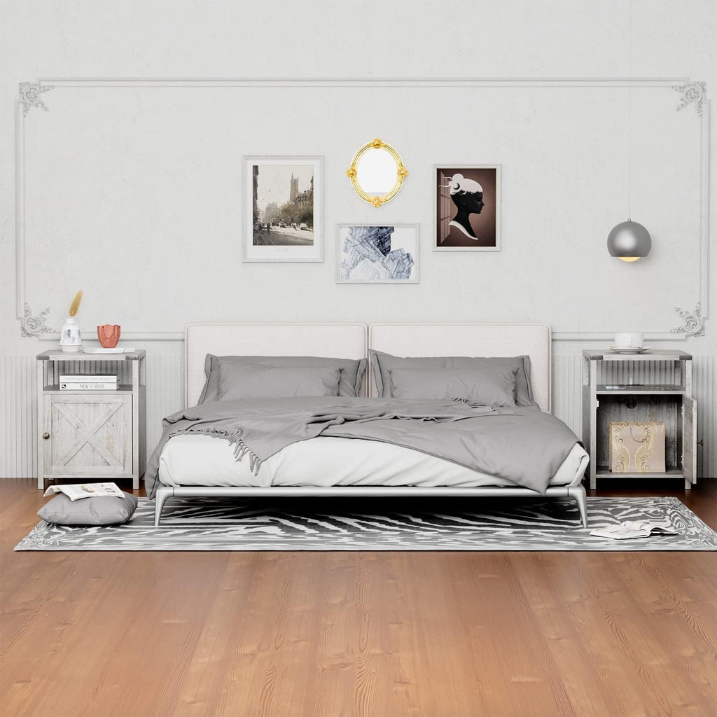 Farmhouse Nightstand Set of 2 with Charging Station, Rustic End Table Bedroom with Storage Living Room Side Table Grayish White Night Stand Industrial Bedside Table