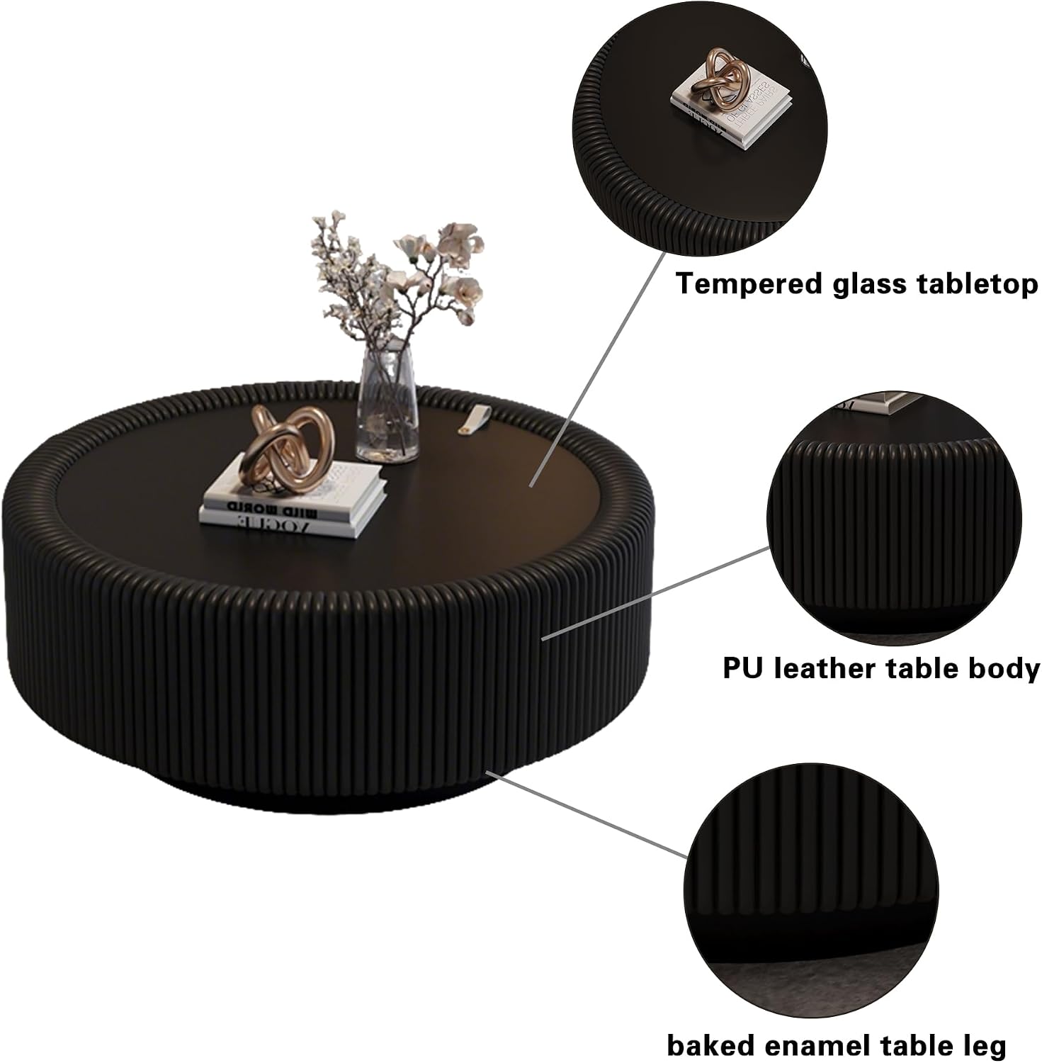 31.5' Black Round Coffee Table with Storage, Tempered Glass Top PU Leather Body & Baked Enamel Base, Modern Minimalist Fluted Circle Center Tables for or Living Room, Bedroom, Apartment