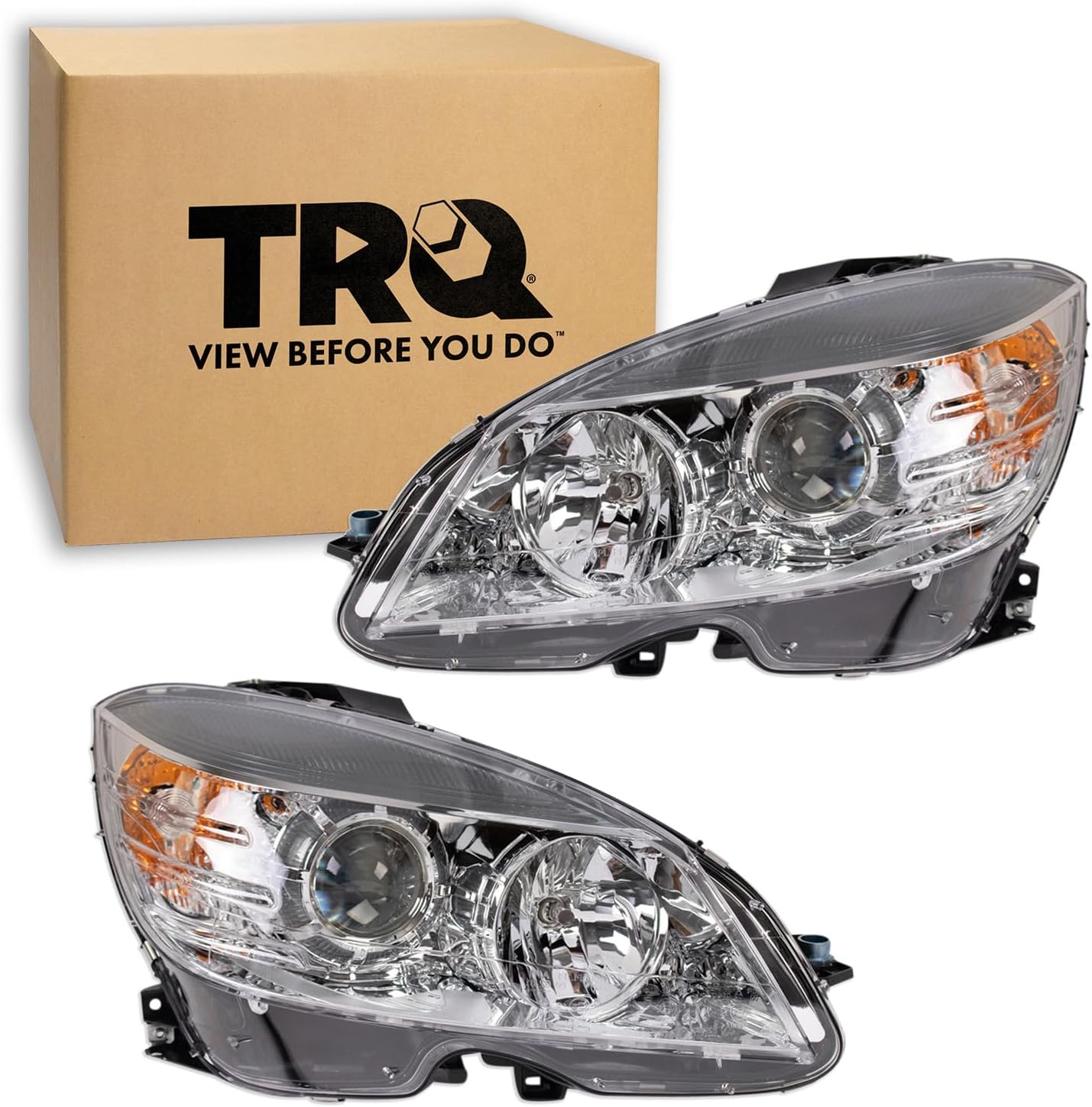 TRQ Left and Right Headlight Assembly Set Compatible with 08-11 Mercedes-Benz C300 C350 09-11 C63 AMG 08 C63 AMG from 02/09/07 Halogen Only