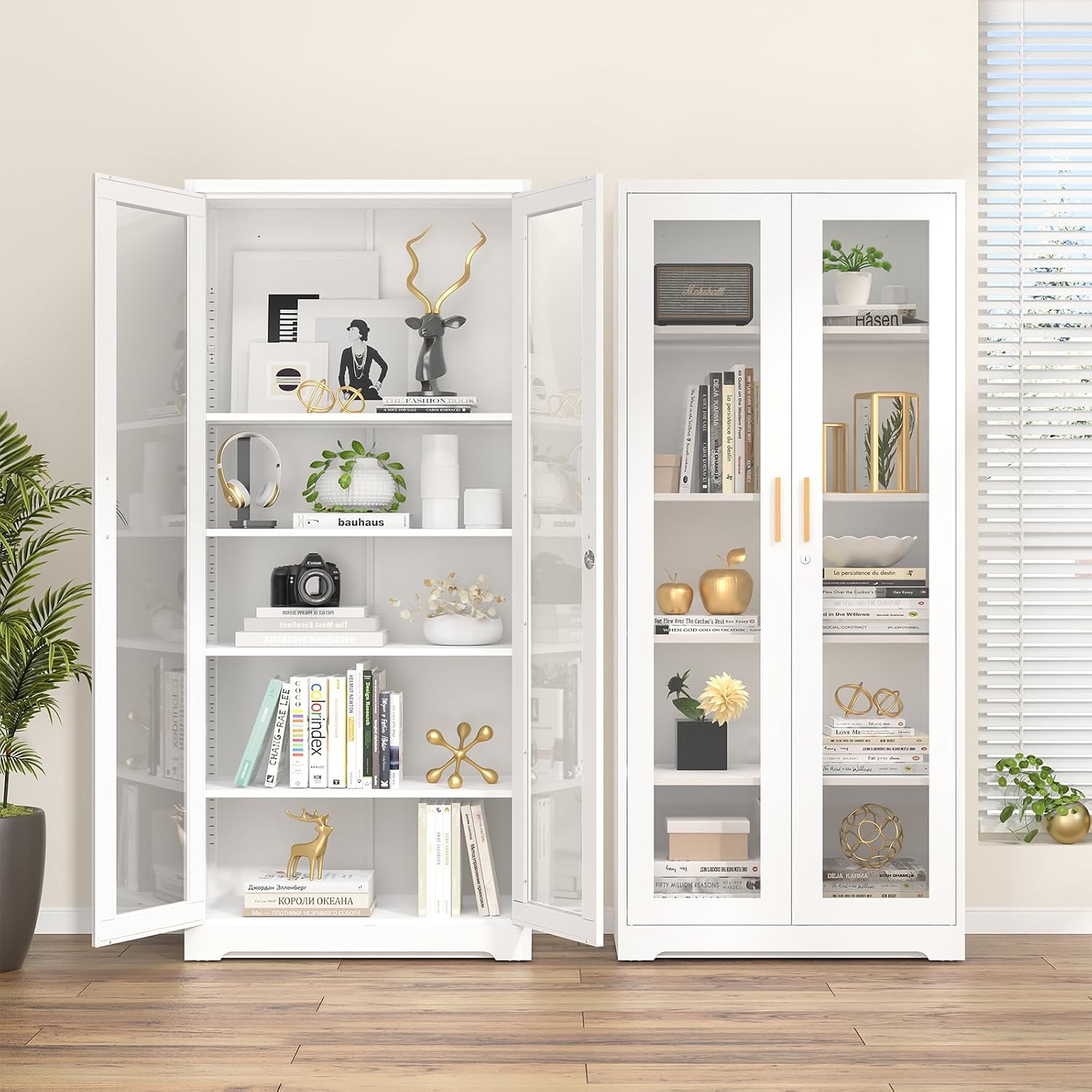 Curio Display Cabinet with Glass Doors,71'H Metal Display Case with 4 Adjustable Shelves, White China Storage Cabinet for Collectibles, Trophies & Liquor - Locking Tall Glass Cabinet for Home