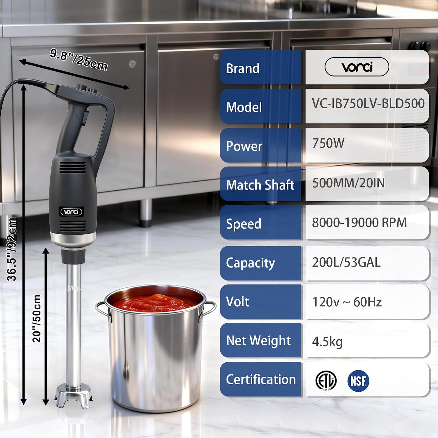 VONCI 750W Commercial Immersion Blender, Extra Heavy Duty Hand Blender with Variable Speed 8000-19000RPM, Handheld Stick Mixer with 20' SUS 304 Shaft, Commercial Emulsifier for Restaurant Kitchen.