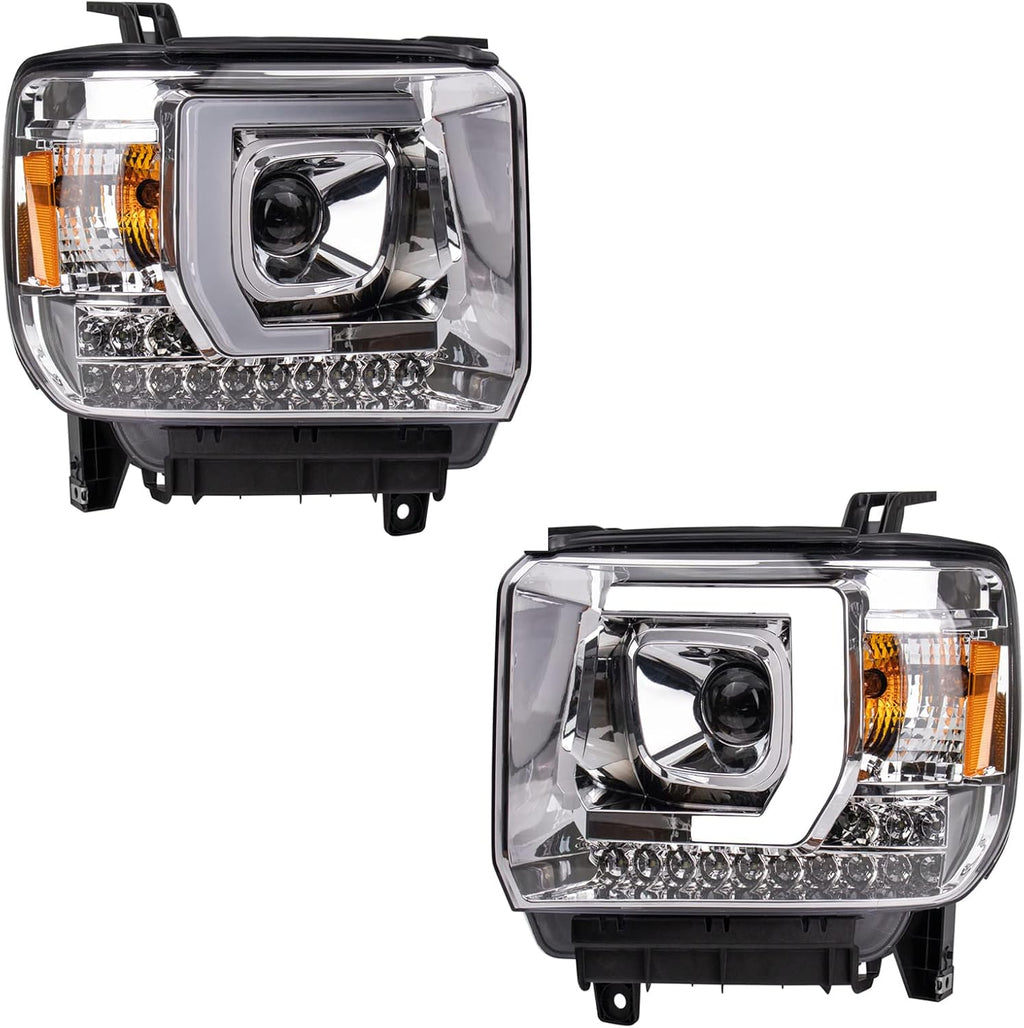 TRQ Performance Driver and Passenger Side Headlight Assembly 2 Piece Set Chrome Housing Compatible with 2014-2015 GMC Sierra 1500 2015-2019 GMC Sierra 2500HD/3500HD