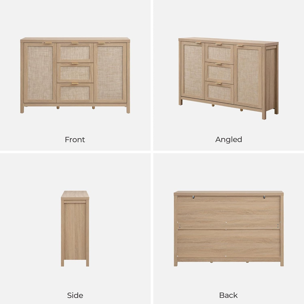 SICOTAS 52' Larger Sideboard Buffet Coffee Bar Cabinet with Storage - Farmhouse Rattan Credenza Storage Cabinet with 3 Drawers and 2 Doors, Boho Console Table for Living Room, Kitchen, Light Oak