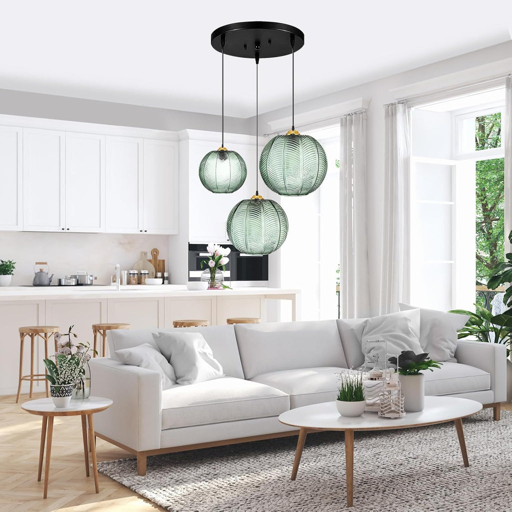 GWY Green Pendant Light, 3 in 1 Large Glass Pendant Light Fixtures E26 E27 Mid Century Modern Chandelier Ribbed Blown Glass Globe Shade Hanging Light Ceiling Light for Living Room Restaurant Bar