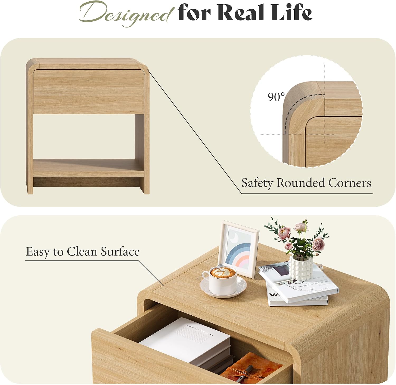 AMERLIFE Modern Night Stand Set 2 with Storage Drawer & Open Shelves, 24' Round Bedside Table Nightstand with Curved Top Corners for Bedroom Living Room Sofa Office, End Table for Small Spaces, Oak
