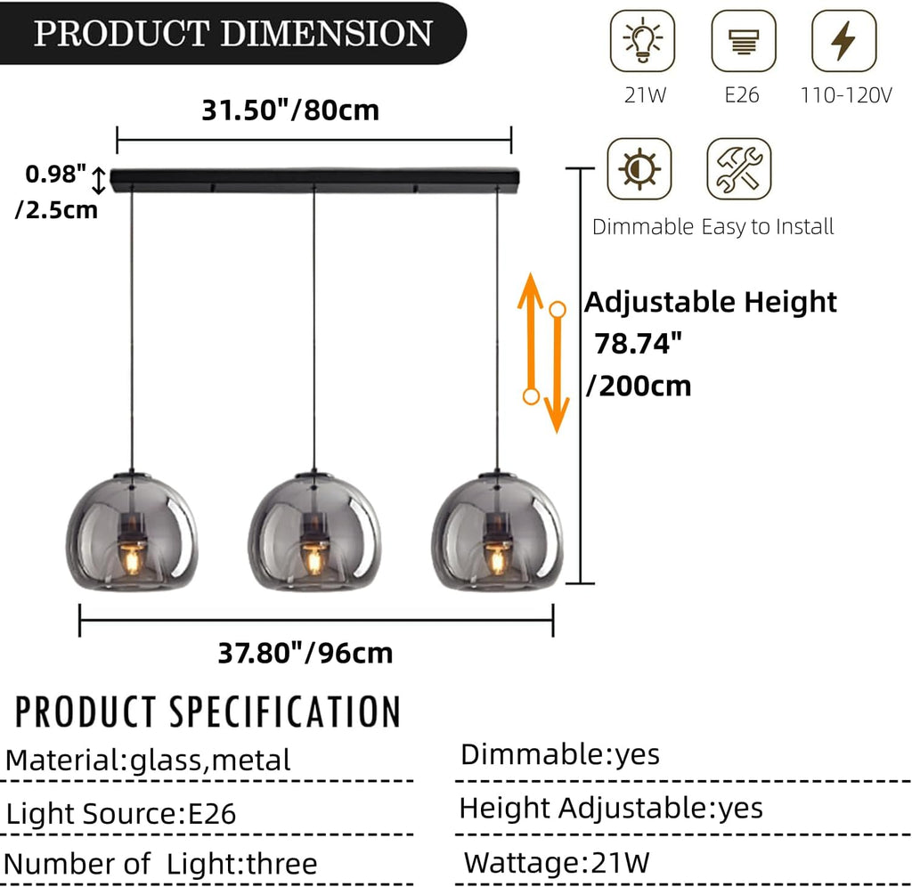 MIXL-Modern Globe Pendant Light 3-Lights Hanging Light with Smoke Gray Glass Lampshade, Height Adjustable Dining Room Lighting, Glass Pendant Lamp, Farmhouse Hanging Lamp for Kitchen Island