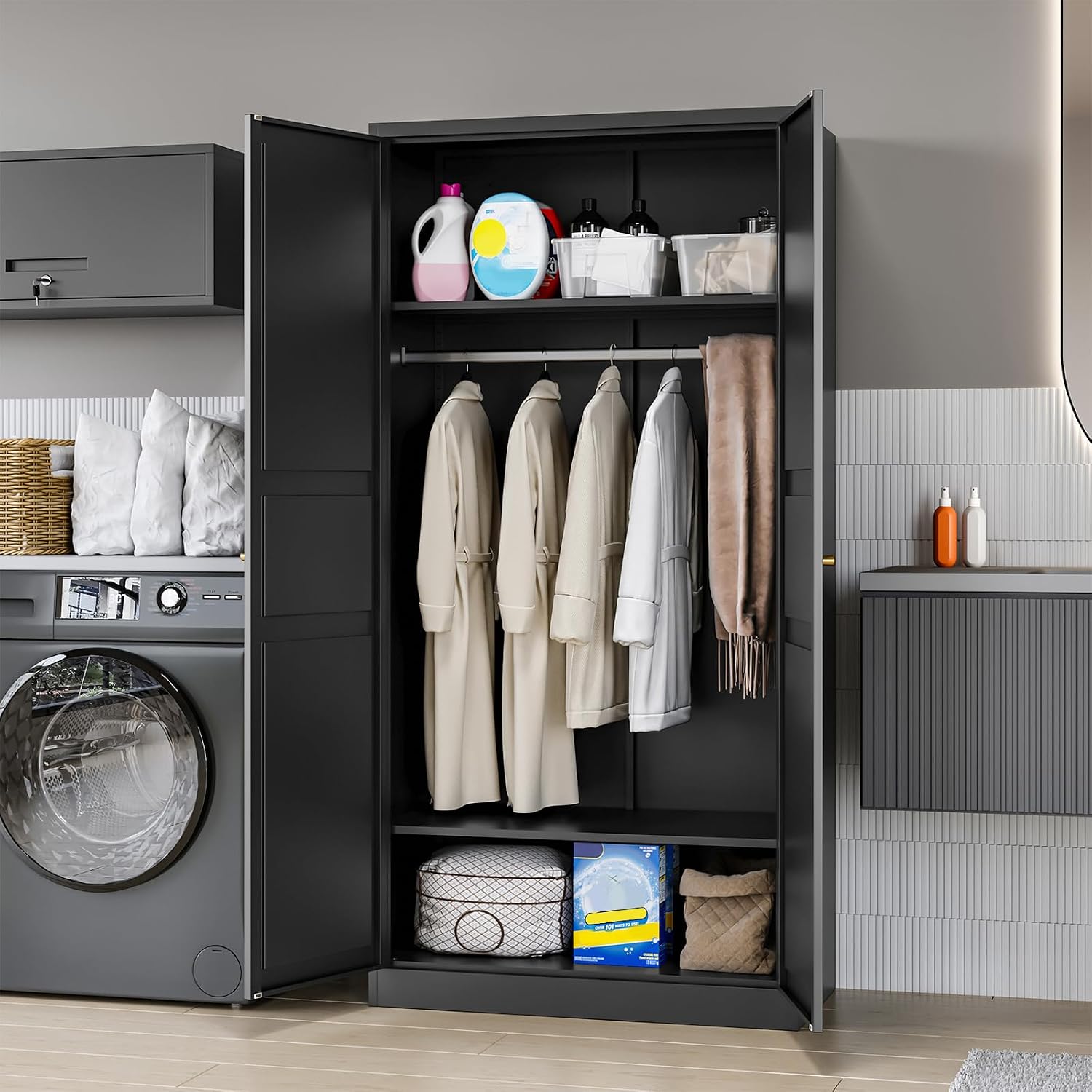 MIIIKO Wardrobe Closet with 2 Doors, 72' Metal Wardrobe Cabinet with Hanging Rod, Bedroom Armoires Laundry Room and Office Clothes Storage Organizer Cabinets Black