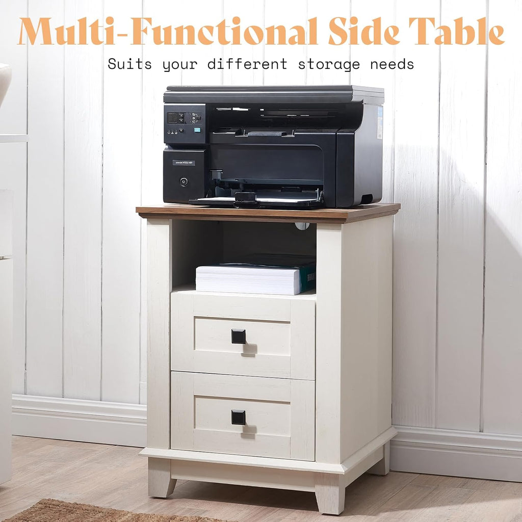 AMERLIFE 18' Farmhouse Nightstand Set of 2, End Table with Charging Station, with 2 Storage Drawers, Bedside Table with USB Ports, Rustic White