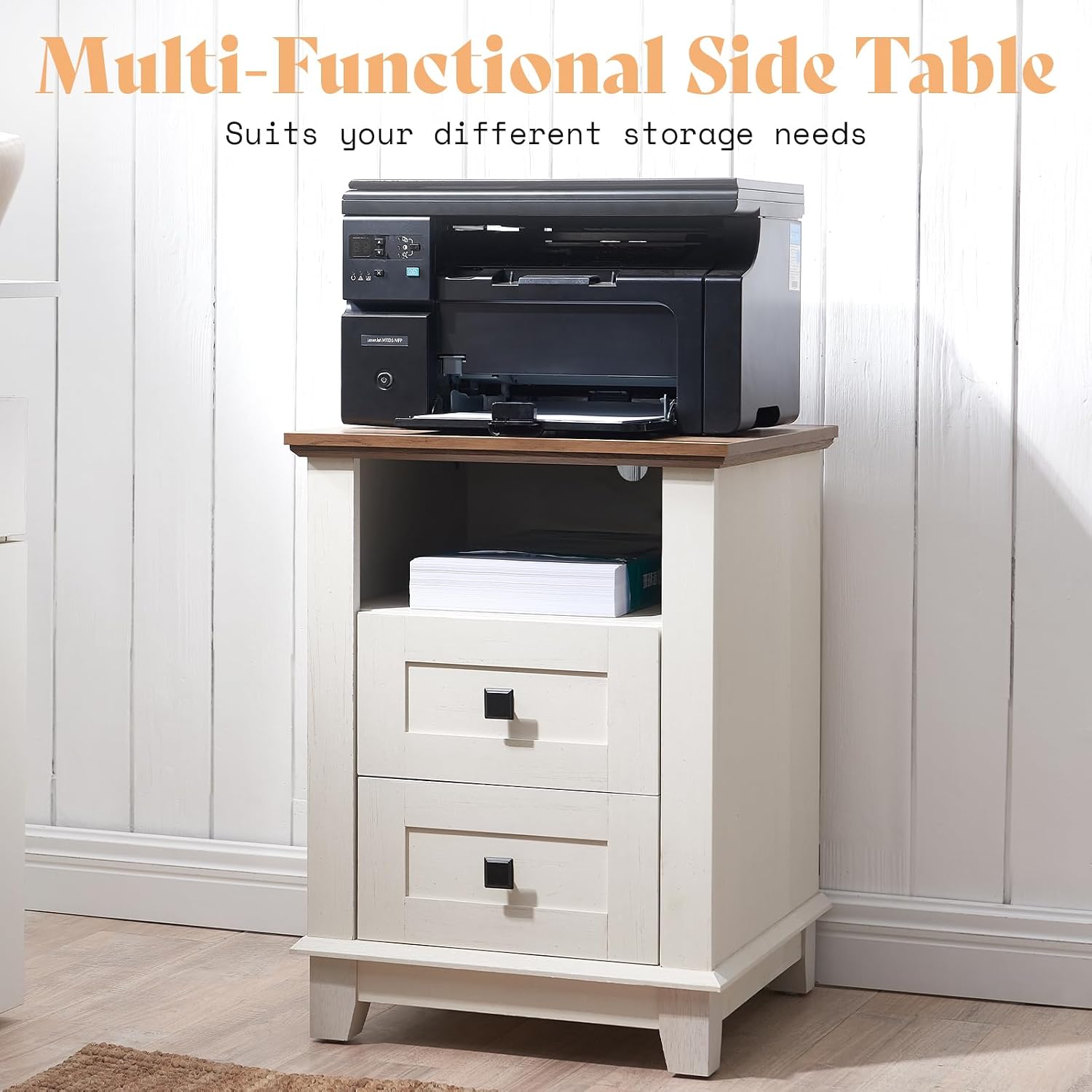 AMERLIFE 18' Farmhouse Nightstand Set of 2, End Table with Charging Station, with 2 Storage Drawers, Bedside Table with USB Ports, Rustic White