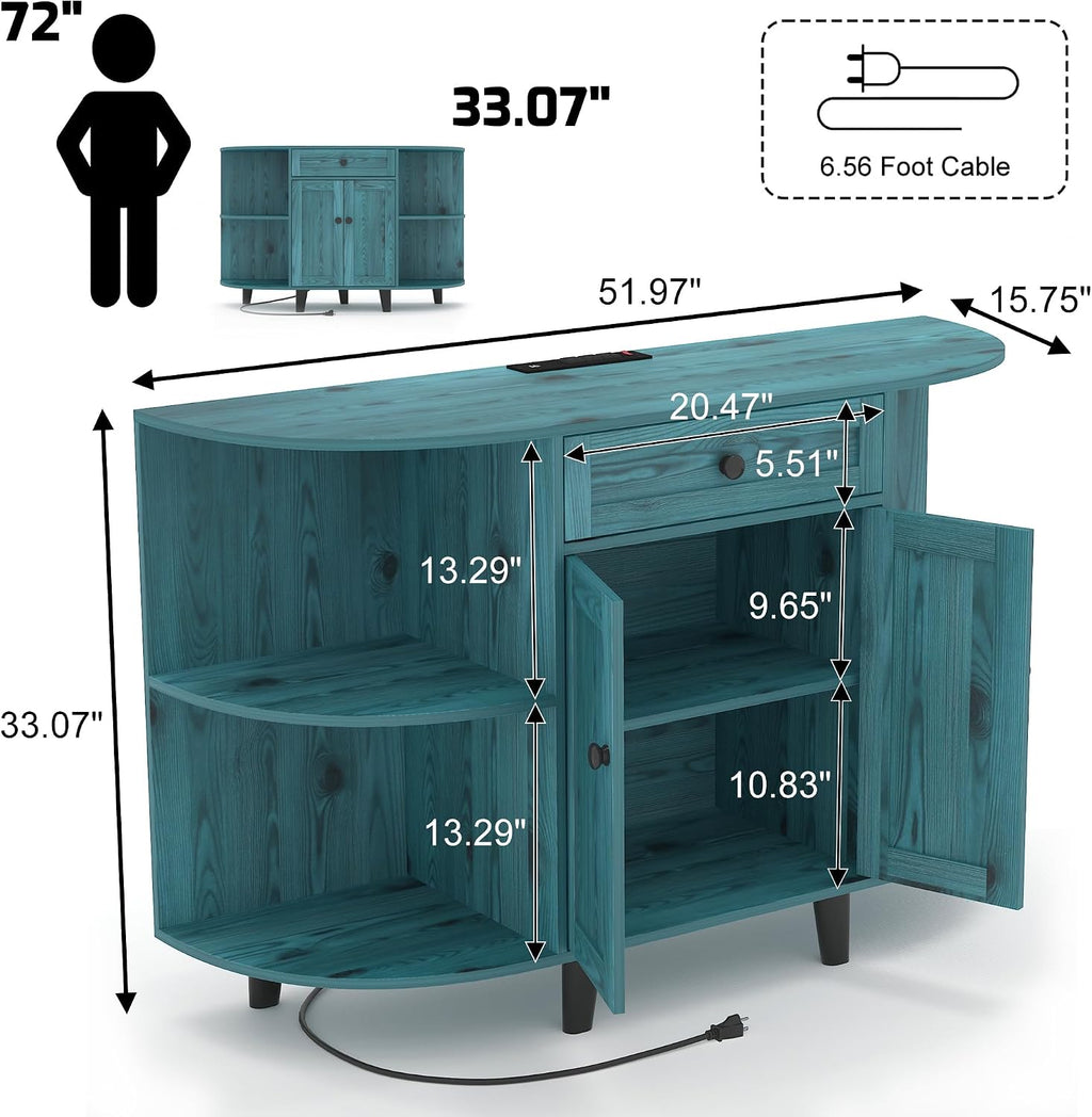 52' Sideboard Buffet Cabinet with Power Outlet,Coffee Bar Cabinet with Storage, 3 AC Outlets & 2 USB Ports,Kitchen Storage Cabinet with Drawer and Doors for Dining Room,Vintage Blue