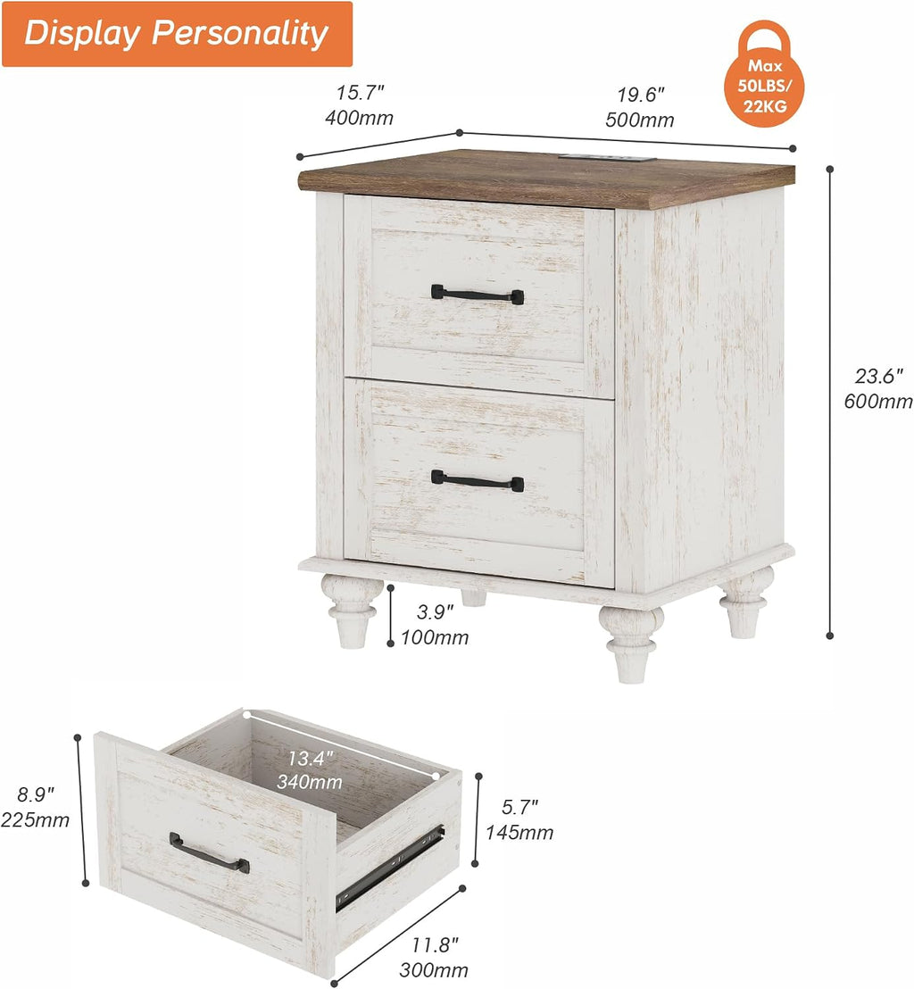 WAMPAT Antique White Side Table Nightstand with Charging Station, Wood End Table with 2 Drawers for Living Room, Rustic Night Stand Farmhouse Bedside Table for Bedroom, Kids Room