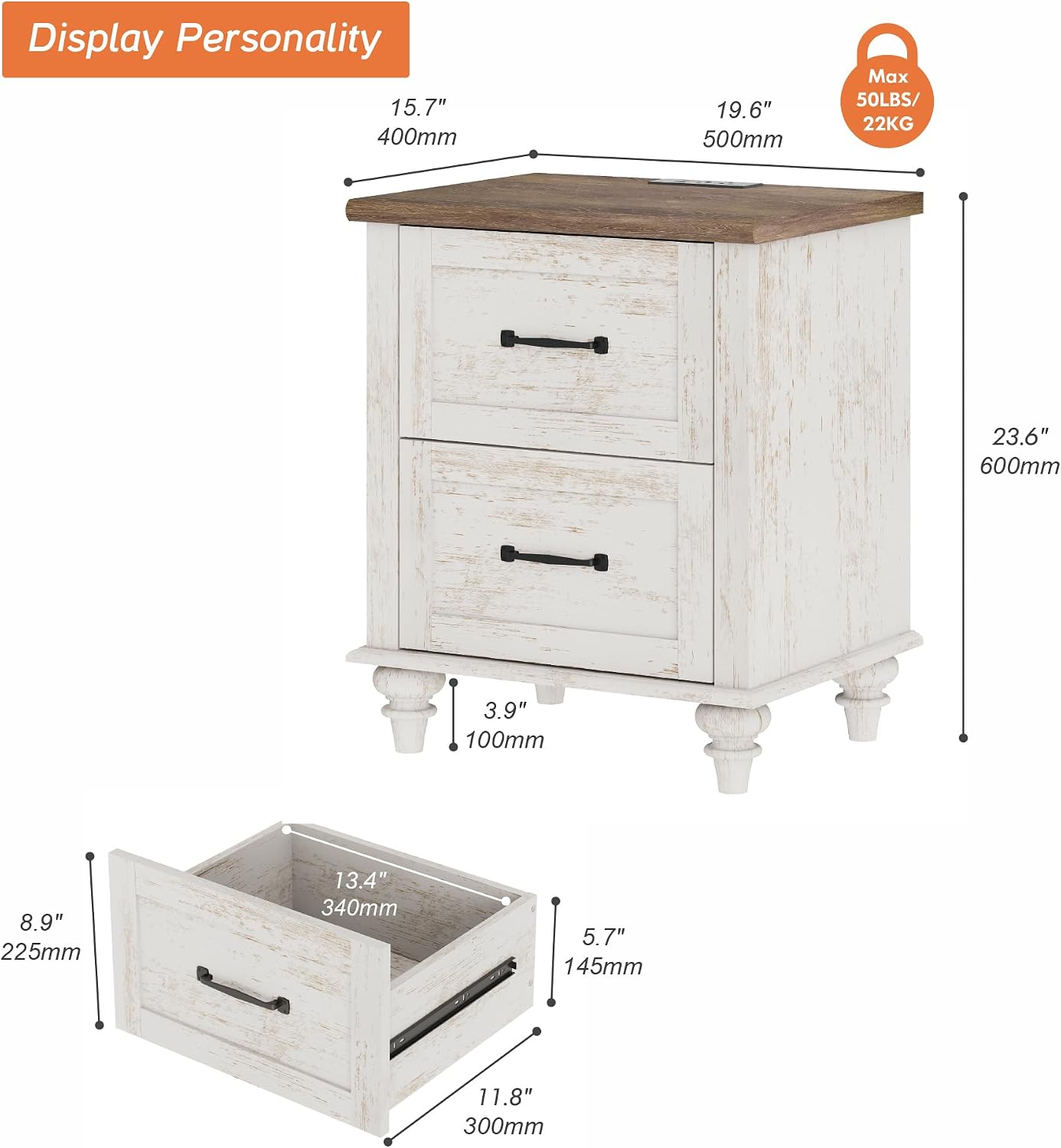 WAMPAT Antique White Side Table Nightstand with Charging Station, Wood End Table with 2 Drawers for Living Room, Rustic Night Stand Farmhouse Bedside Table for Bedroom, Kids Room