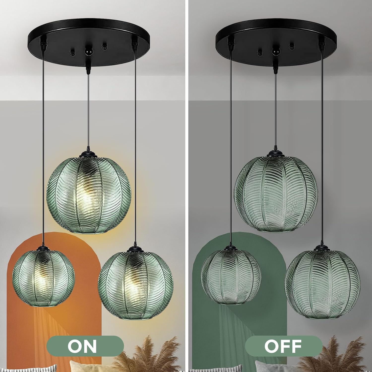 GXF 3 in 1 Green Cluster Pendant Light Fixtures, E26 E27 Large Glass Chandelier Mid Century Modern Chandelier Ribbed Blown Glass Globe Shade Hanging Light Ceiling Light for Living Room Restaurant Bar