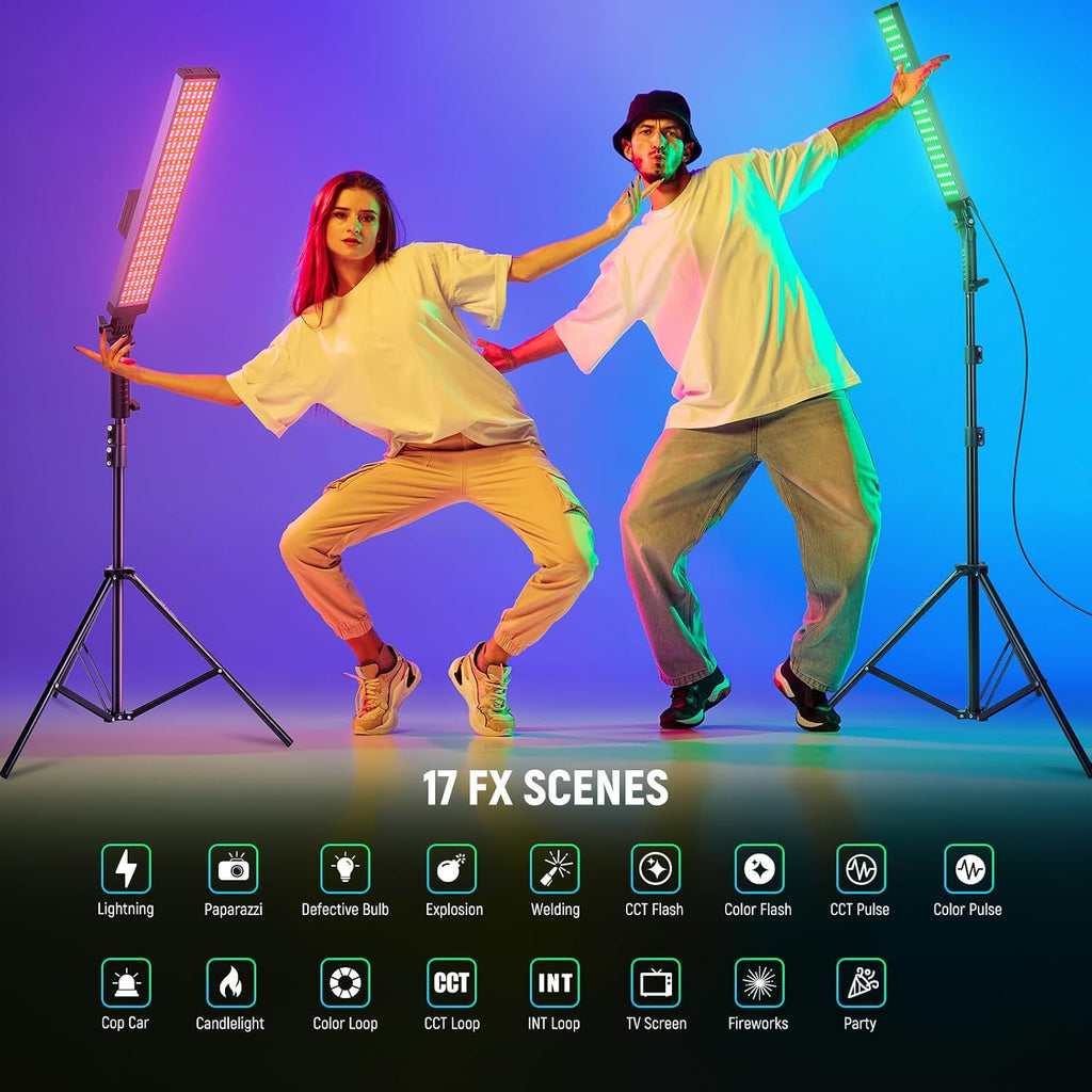 NEEWER Photography RGB Light Stick Kit, 2 Pack LED Video Tube Lights w/Stands, Diffusers, 3250Lux Dimmable Light Wand 2500-10000K CRI95+/TLCI97+ APP/2.4G/Panel Control for Live/Videos/Vlog, BH20C