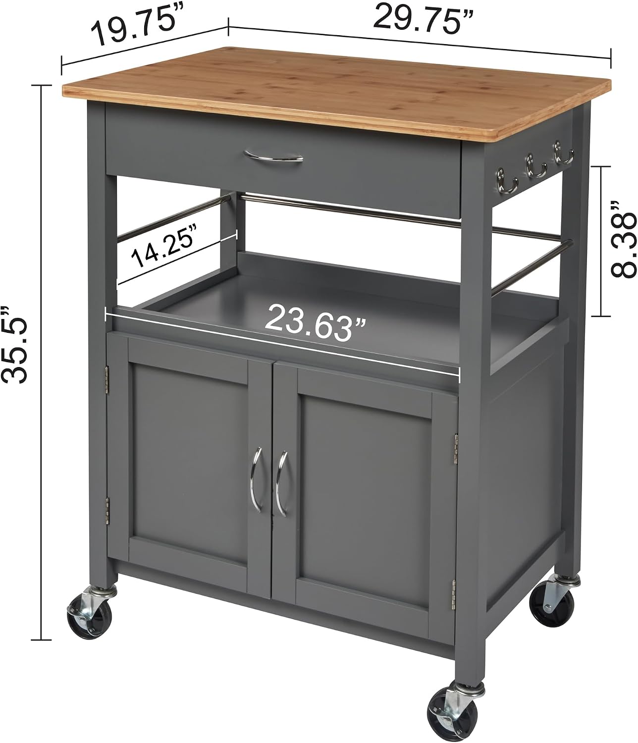 eHemco Kitchen Island Cart on Wheels, Gray Base, Natural Bamboo Top | Drawer, Storage Cabinet, Shelf, Butcher Block