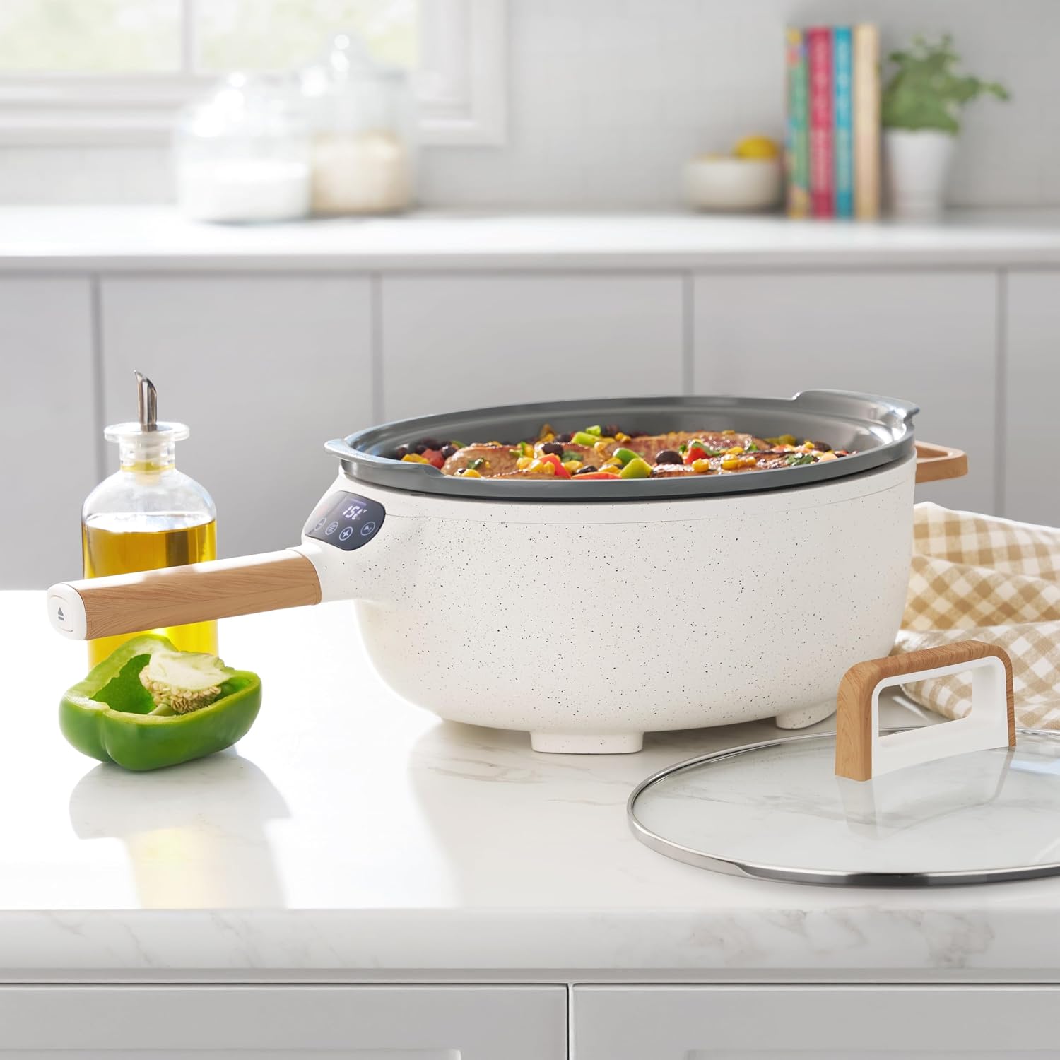 Electric Skillet with Detachable Handle, 3.5-Liter Ceramic Nonstick Frying Pan for One-Pot Meals