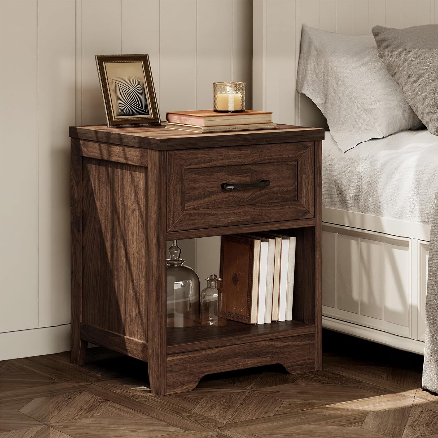 AODK Farmhouse Nightstand Set of 2, Rustic End Tables with Drawer & Open Storage, Wood Bedside Tables for Bedroom & Small Space, Dark Walnut