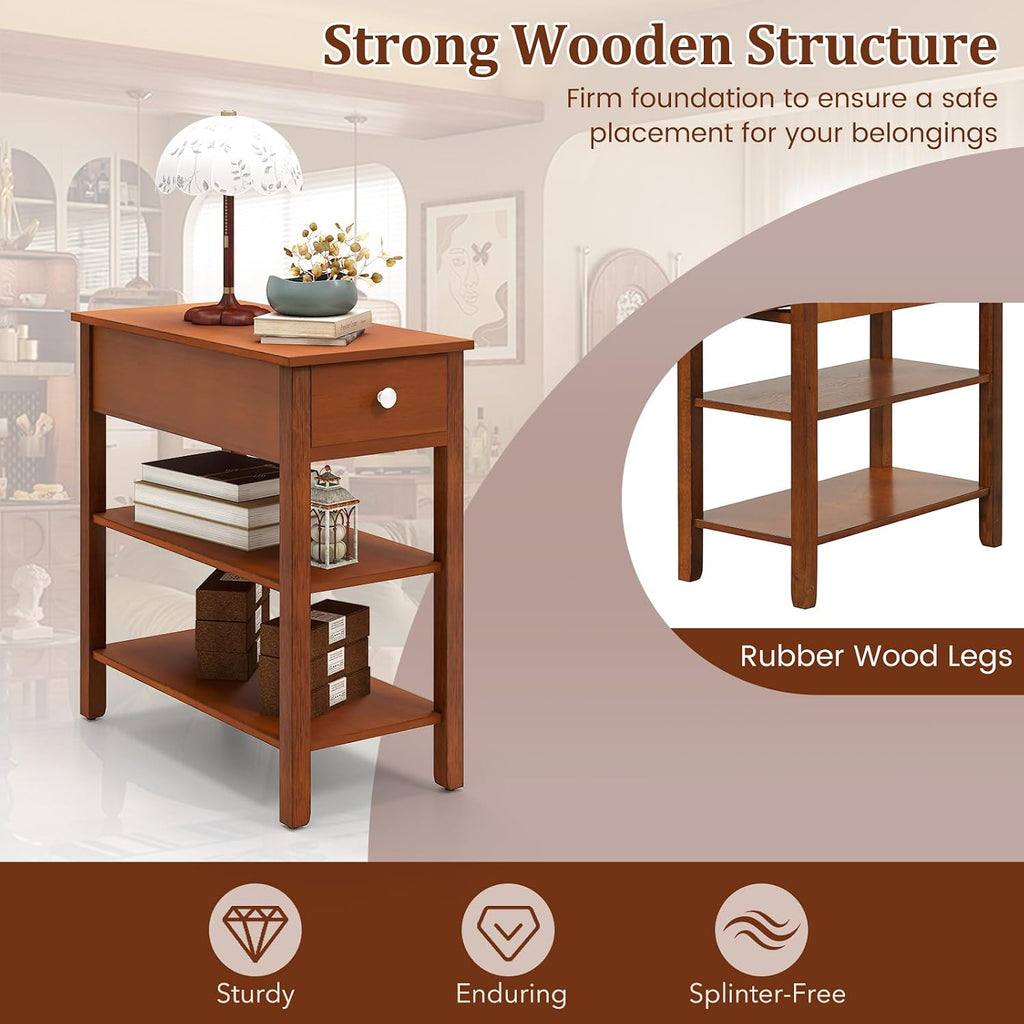 Tangkula Narrow End Table Set of 2, 24.5'H Farmhouse Couch Bedside Table with Drawer, Storage Shelves, Rubber Wood Legs, 3-Tier Nightstand, Slim Side Table for Small Spaces, Living Room Bedroom, Brown