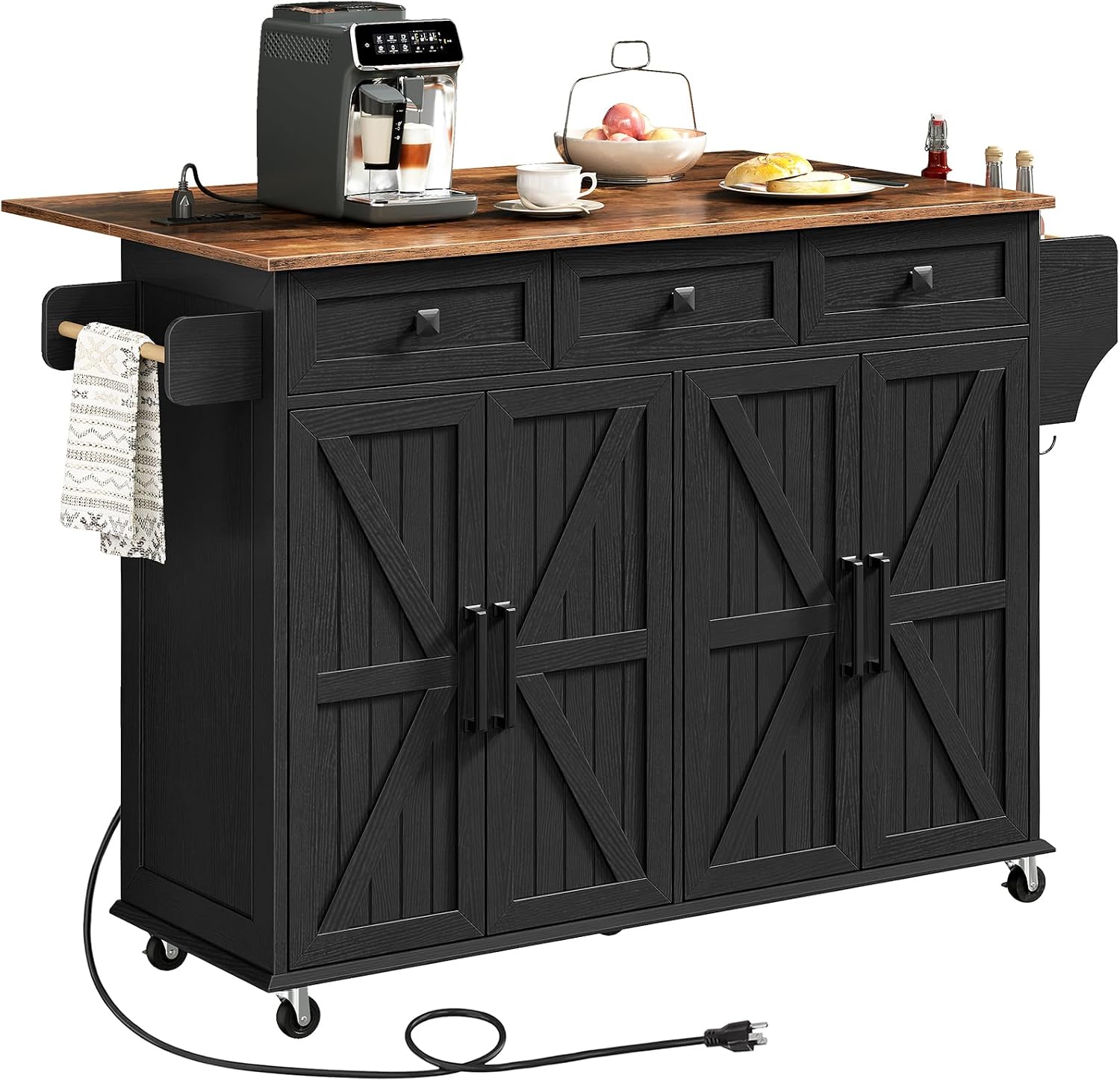 RALGEND Kitchen Island with Drop Leaf & Power Outlet, Rolling Kitchen Island Cart On Wheels, Barn Door Kitchen Island Table with Storage, Island Table for Kitchen, Black and Rustic Brown