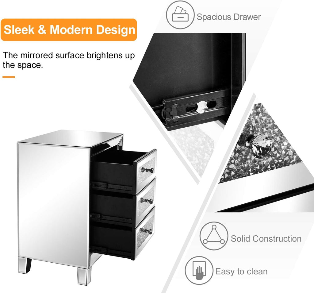 VINGLI Mirrored Nightstand Set of 2, Mirrored Side/End Table for Living Room, Glass Silver Nightstand, Crushed Glass Mirror Night Stand, Contemporary Night Table Mirror Bedroom Furniture Set