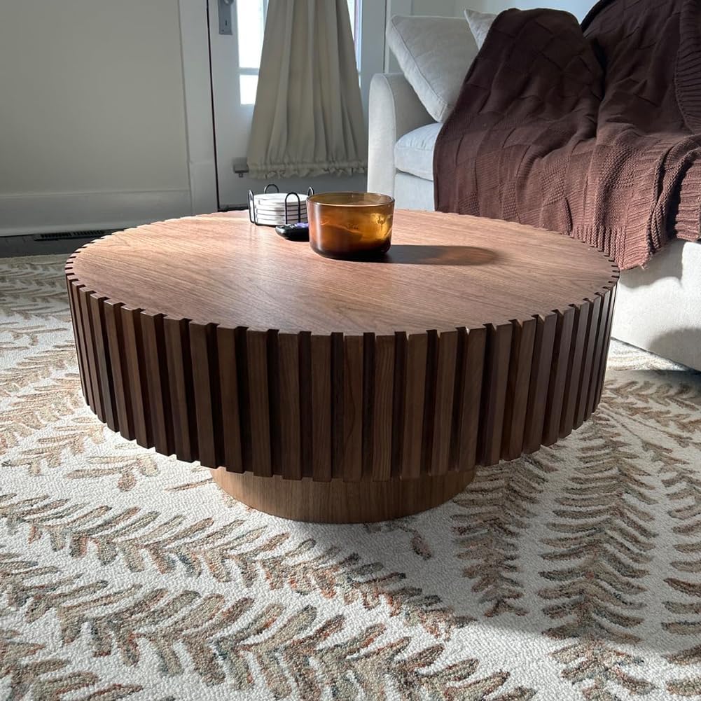 ø39.37'' Walnut Round Coffee Table Contemporary Wood Circle Coffee Table with Fluted Pedestal Centry Table for Living Room, Easy Assembly