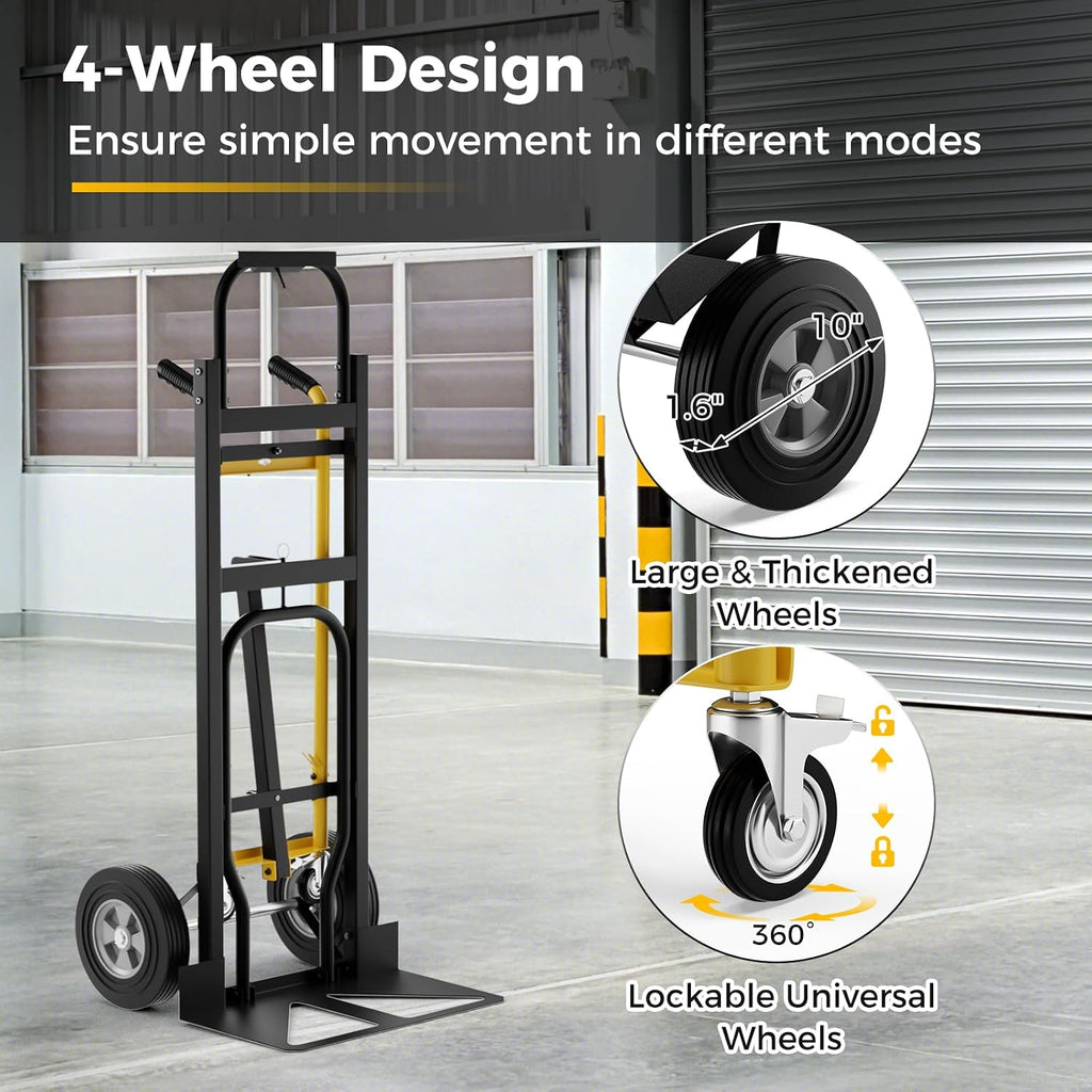 Goplus Convertible Hand Truck, 3-in-1 Metal Dolly Cart with 4 Wheels (2 Lockable), 1000 LBS Capacity, Safety Straps, Heavy-Duty Collapsible Folding Cart for Moving Home, Garage, Shop