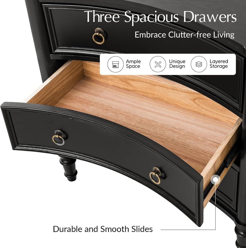 HULALA HOME 3 Drawer End Tables Set of 2 with Charging Station, 26' Wide Endtables with Solid Wood Legs and Curved Profile, Classic Side Tables for Living Room, Black