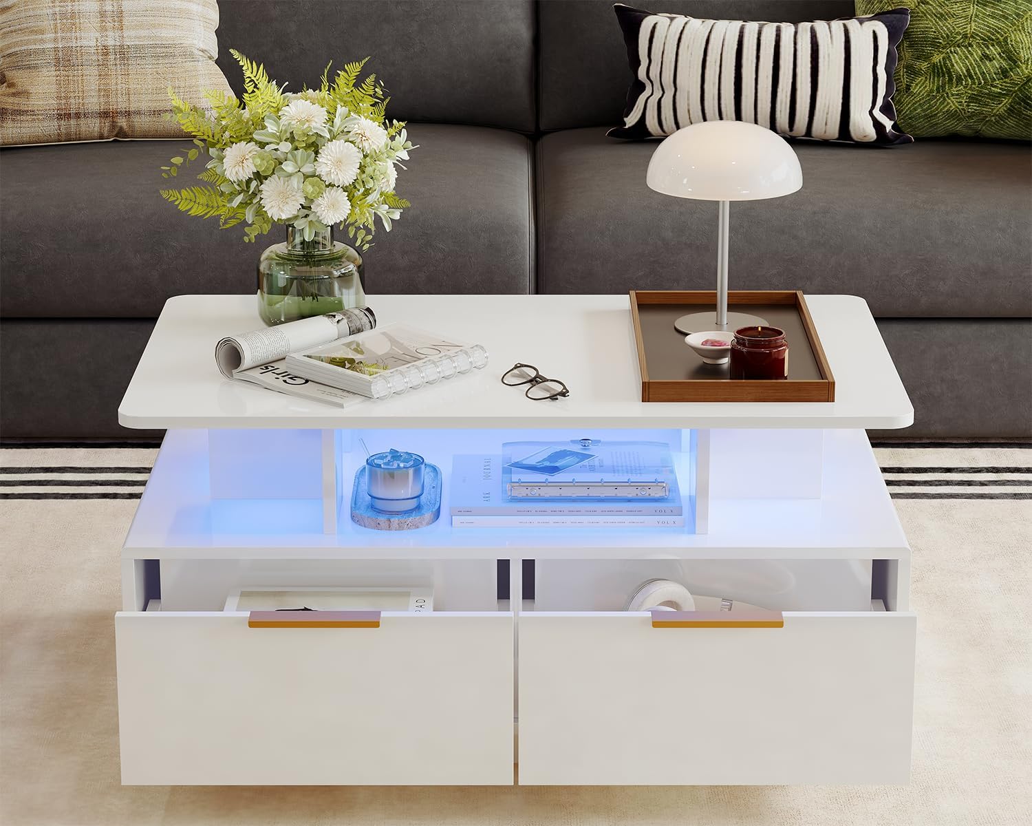 GarveeHome High Gloss LED Coffee Table,35' Modern High Glossy Wood CocktailCoffee Tables with Storage,2-Tier Living Room Table Center Tables with 4 Drawers&Open Shelf,Sofa Table for Home/Office(White