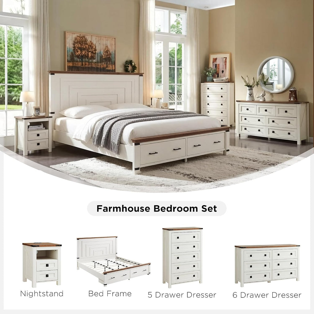 T4TREAM Nightstand with Charging Station, End Table, Side Table with 2 Drawers Storage Cabinet for Bedroom, Living Room, Farmhouse Design, Wood Rustic, Antique White