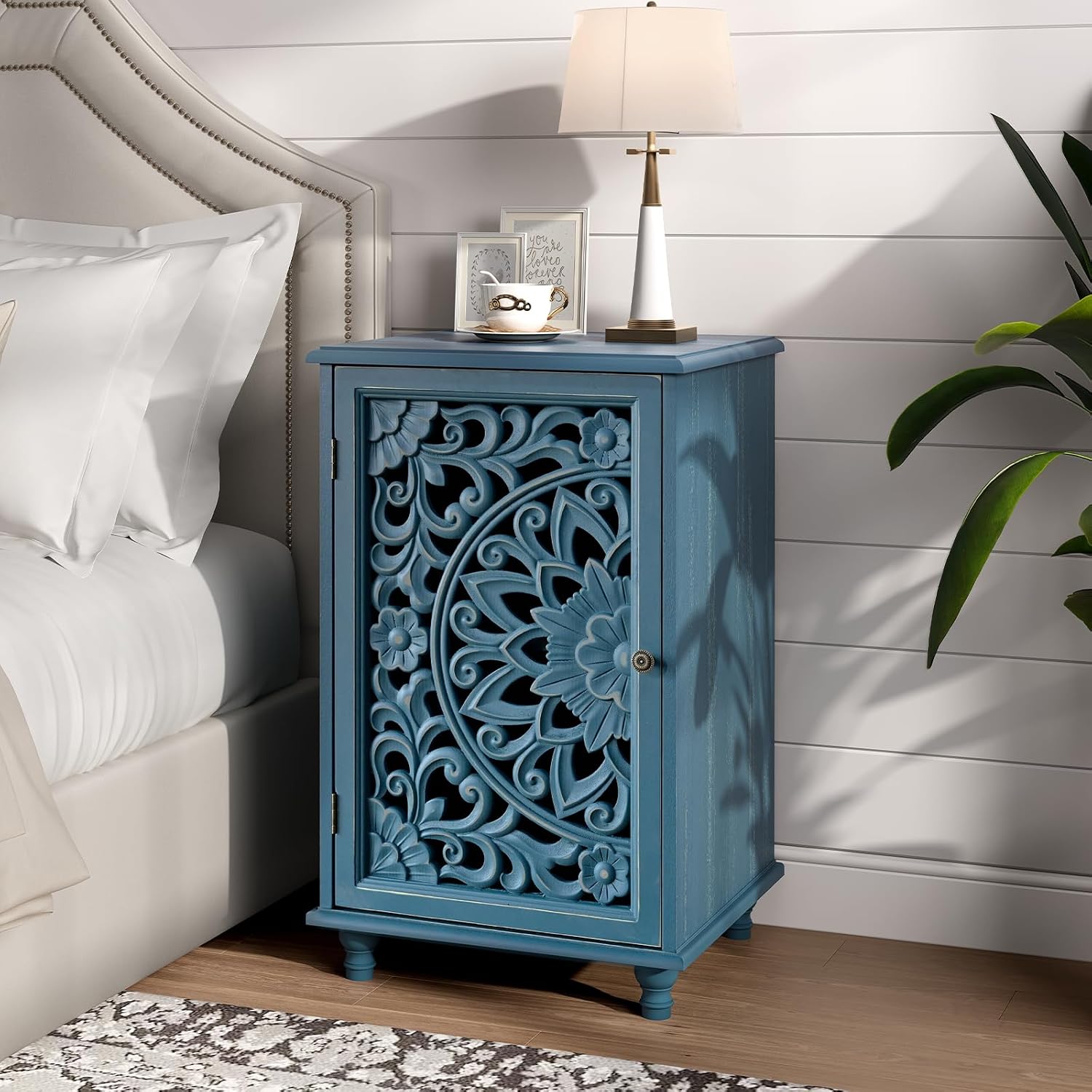 JOINICE End Table with Storage, 28' Tall Blue Side Table with Carved Door & Adjustable Shelf, Small Accent Cabinet with Solid Wood Legs for Living Room & Bedroom, Distressed Farmhouse Style