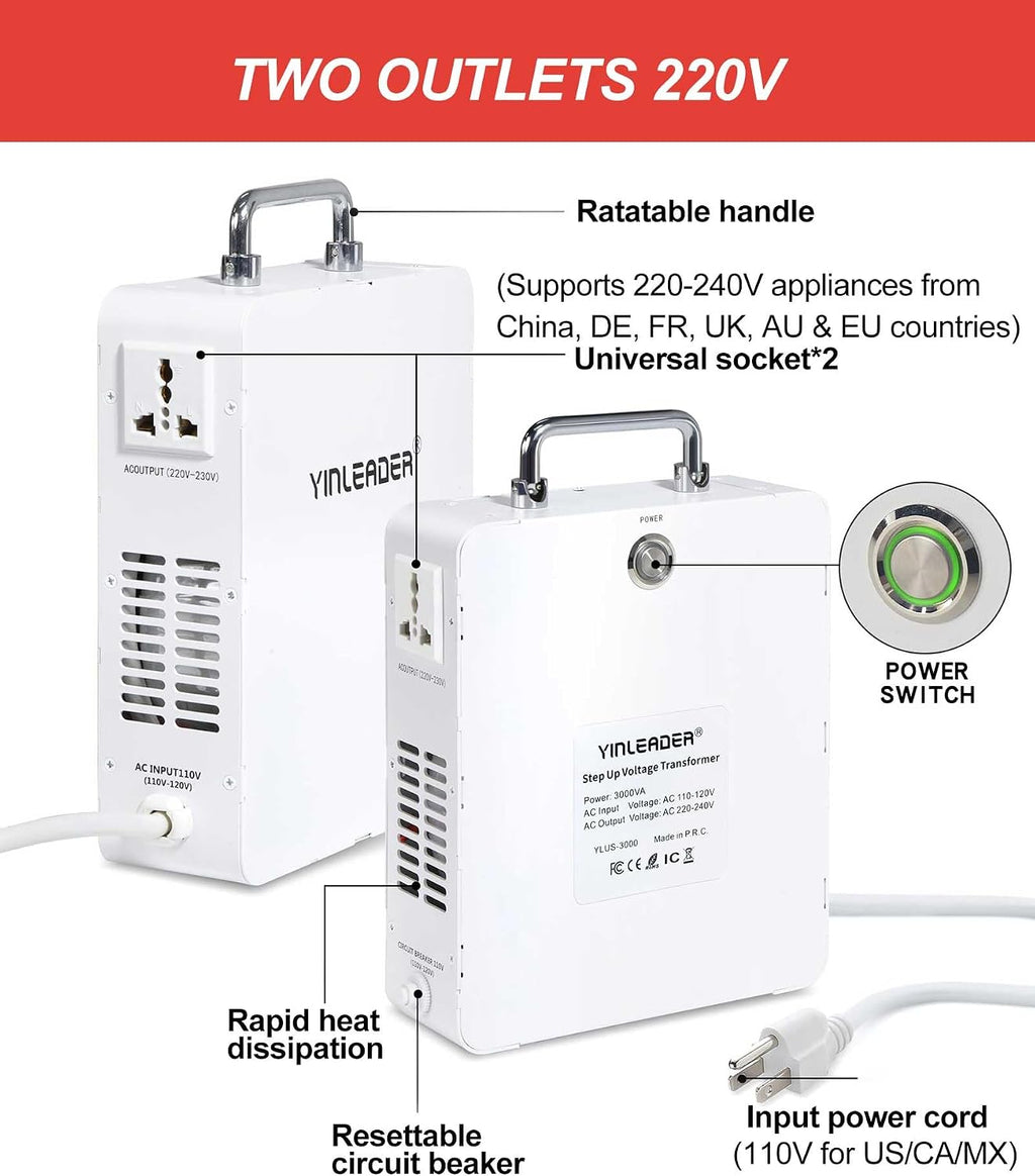 Yinleader 3000W 110v to 220v Converter Step Up Voltage Transformer 110v/120V to 220V/240V for Euro/Asia/DE/FR/UK/AU Appliances Used in US/CA/MX(White)