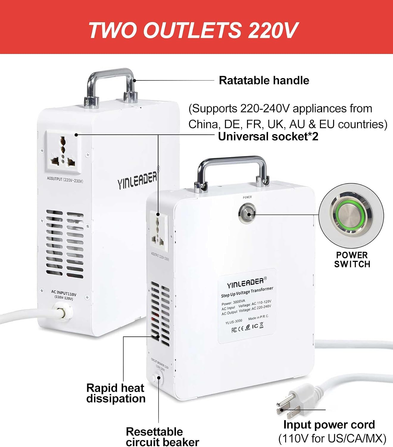 Yinleader 3000W 110v to 220v Converter Step Up Voltage Transformer 110v/120V to 220V/240V for Euro/Asia/DE/FR/UK/AU Appliances Used in US/CA/MX(White)