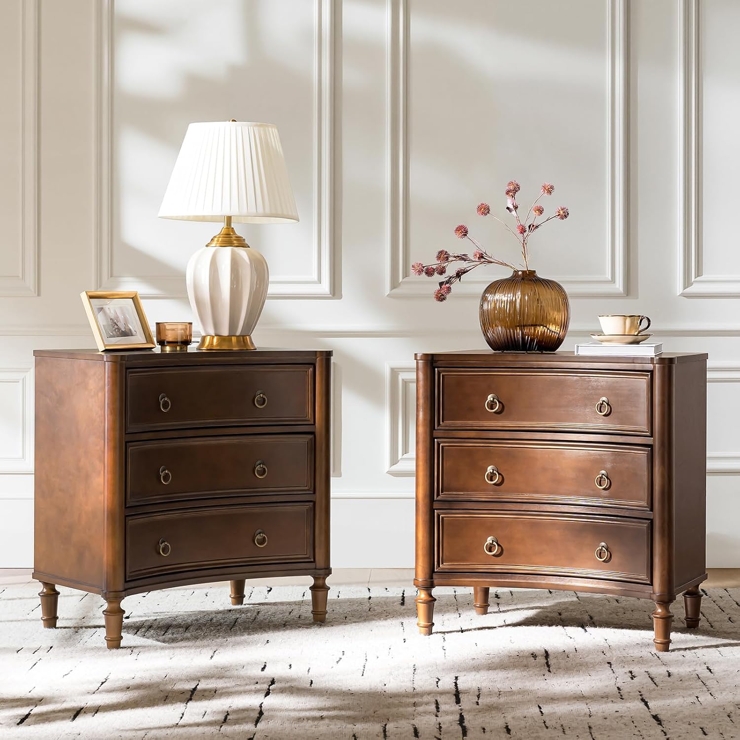HULALA HOME 3 Drawer End Tables Set of 2 with Charging Station, 26' Wide Endtables with Solid Wood Legs and Curved Profile, Classic Side Tables for Living Room, Walnut