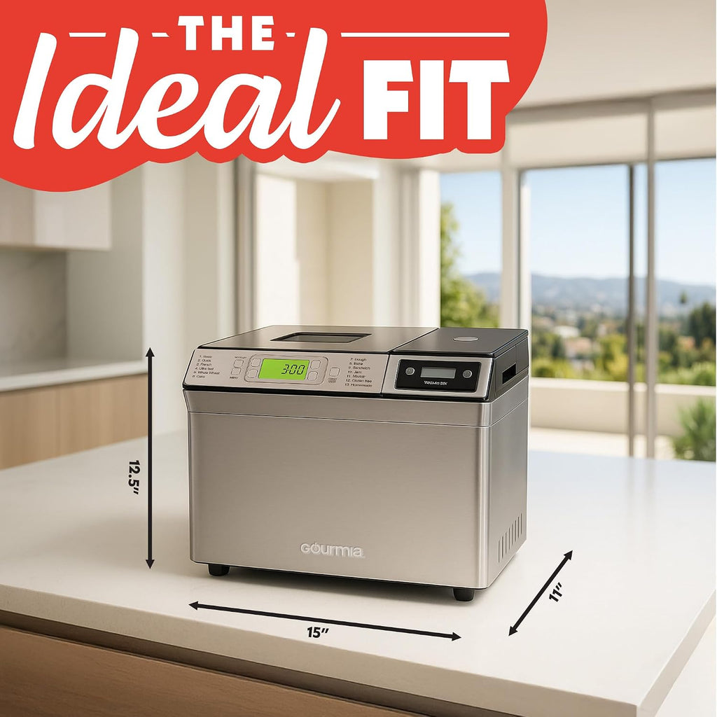 Gourmia Bread Maker with 2 LB Loaf Capacity - 13 Presets Jam Mode, Automatic Ingredient Dispenser, Customizable Crust Options, Keep Warm & Delay Start, Dishwasher Safe Parts
