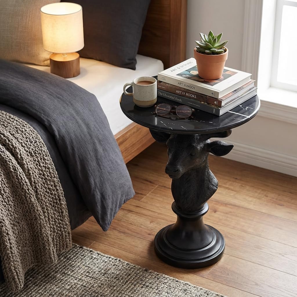 Sculptural Deer Head Side Table, Artistic Animal End Table with Faux Marble Top, Modern Accent Table for Living Room Bedroom, Unique Home Decor Gift for Housewarming, 19.69' W x 25.59' H